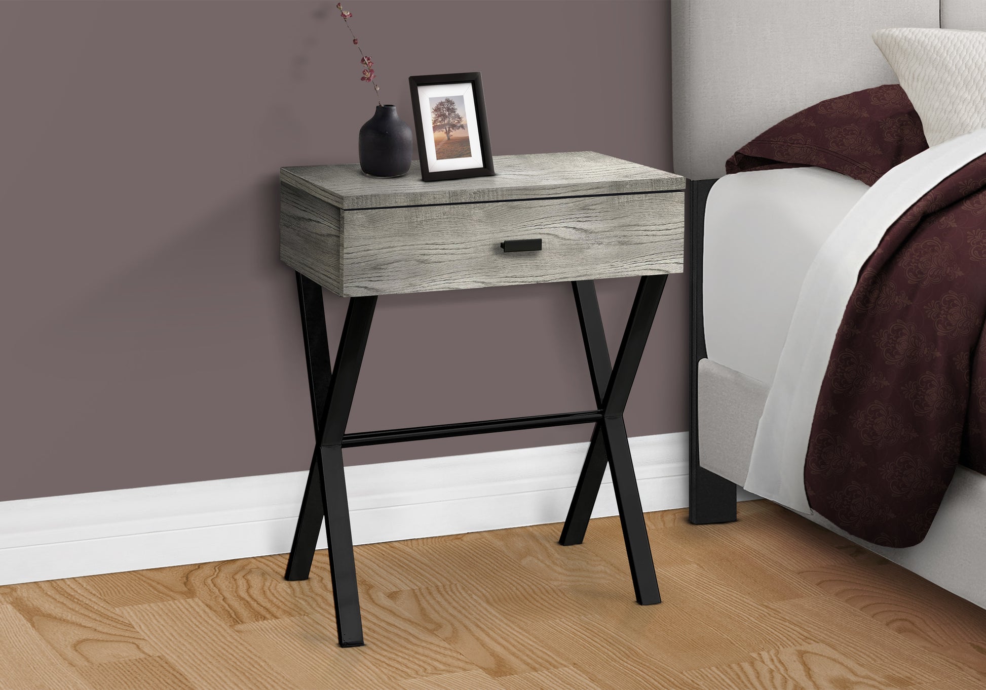 Gray washed wood nightstand with black metal legs and one drawer