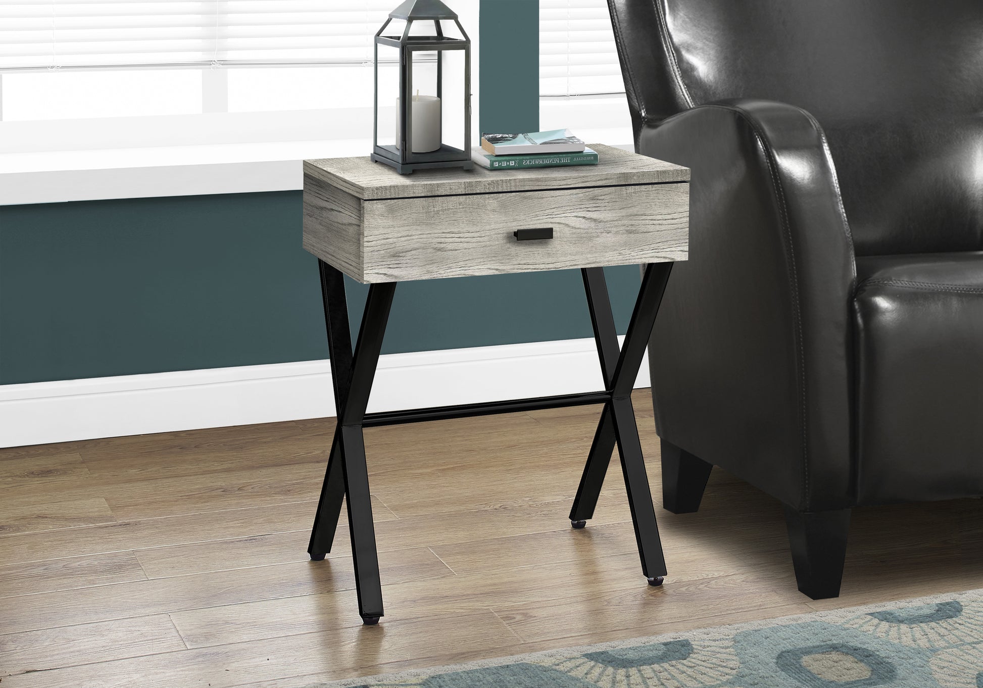 Modern gray wood grain end table with black metal Xframe legs and single drawer