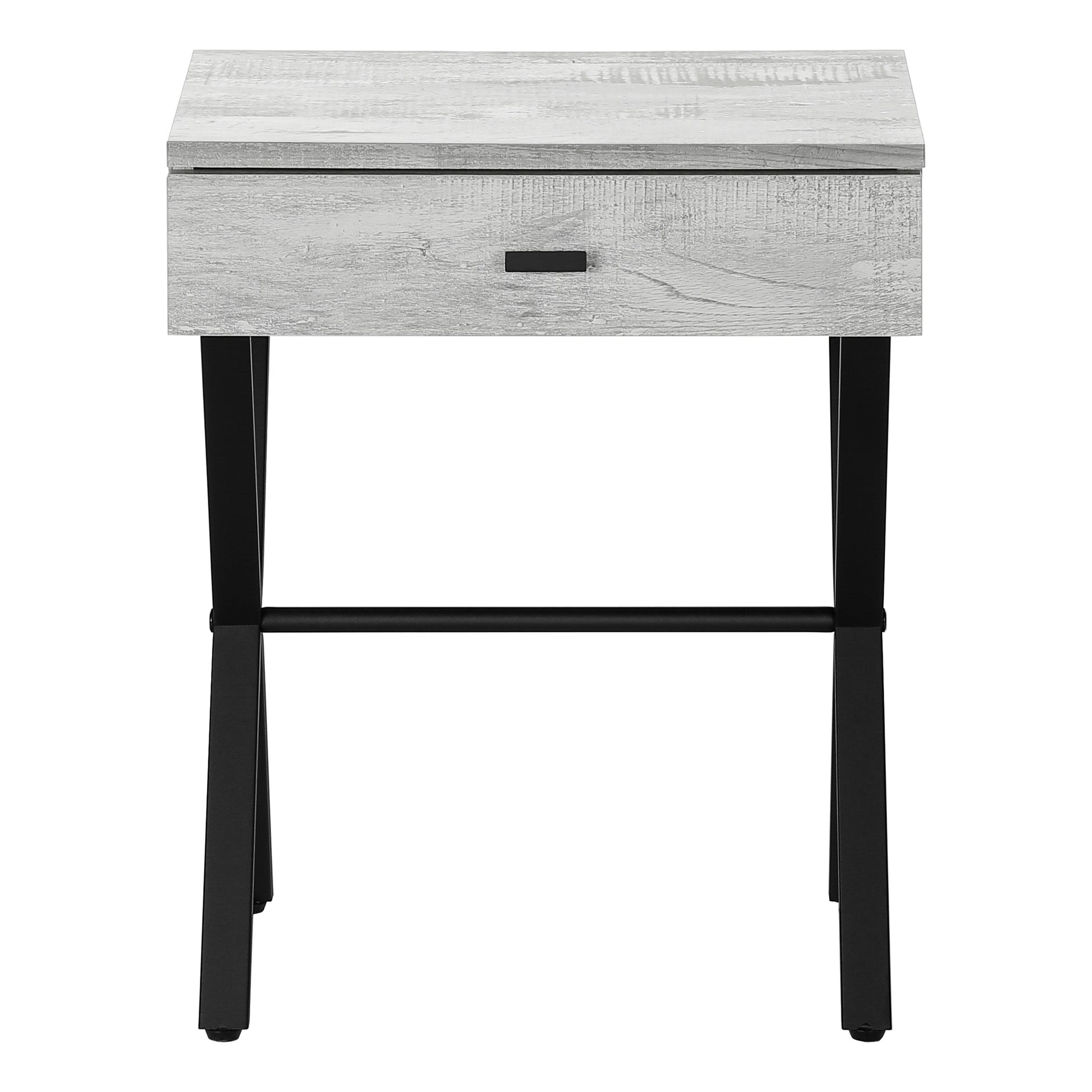 Modern gray wood grain nightstand with black metal legs and drawer pull