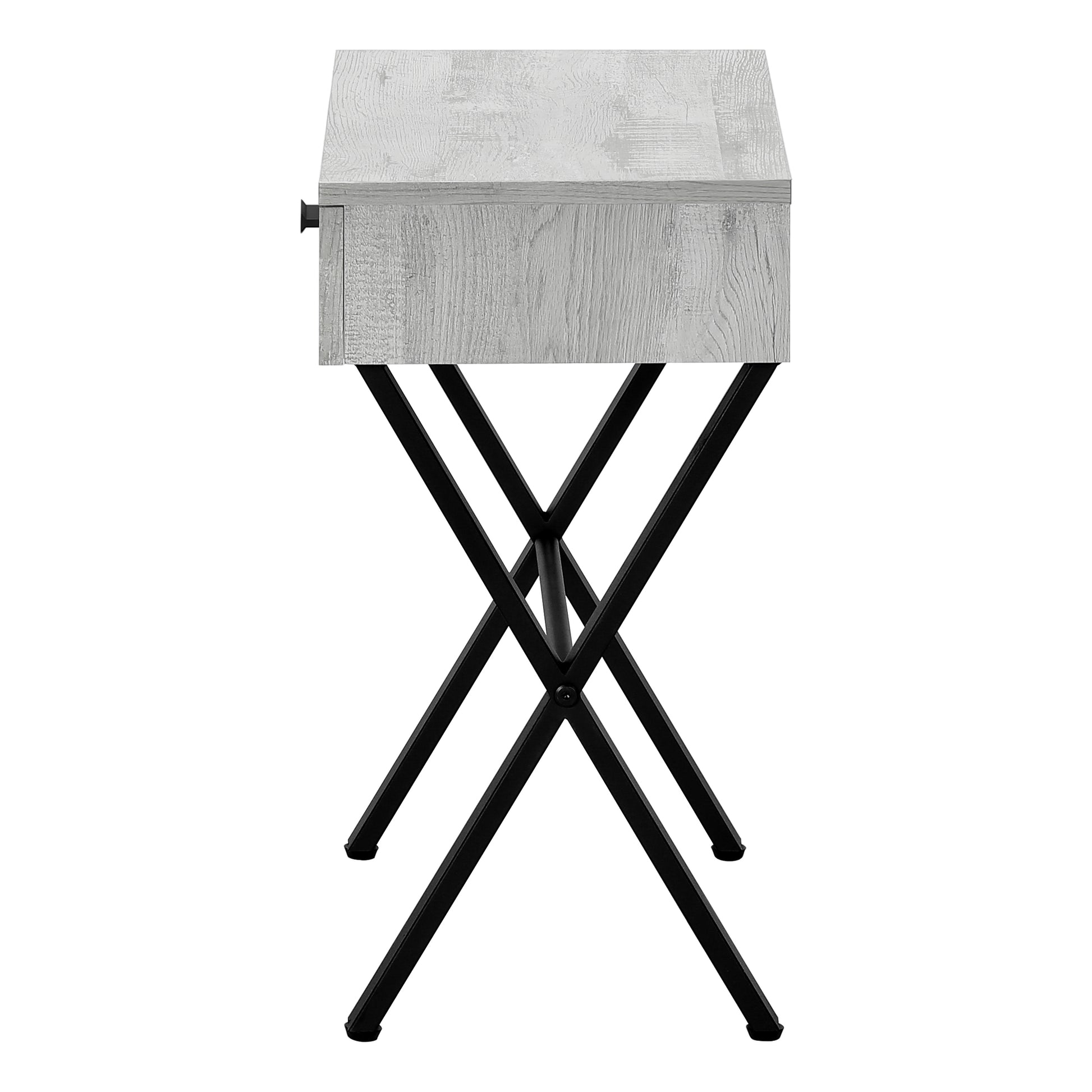 Whitewashed wood side table with black metal xbase legs and single drawer