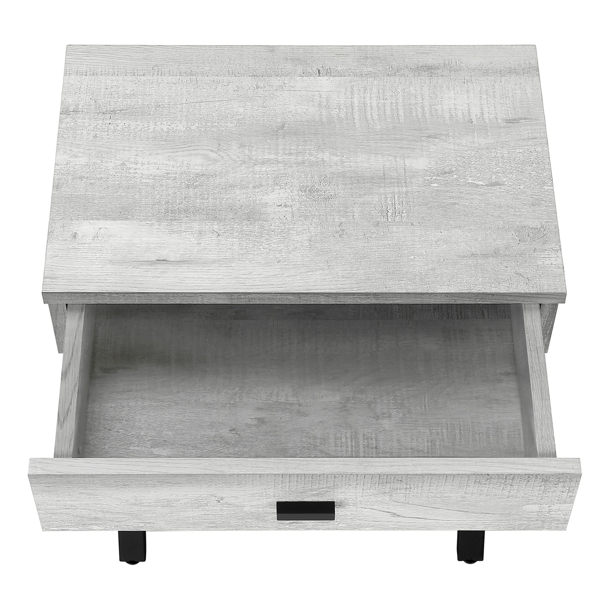 White wash wood finish nightstand with one open drawer and black hardware