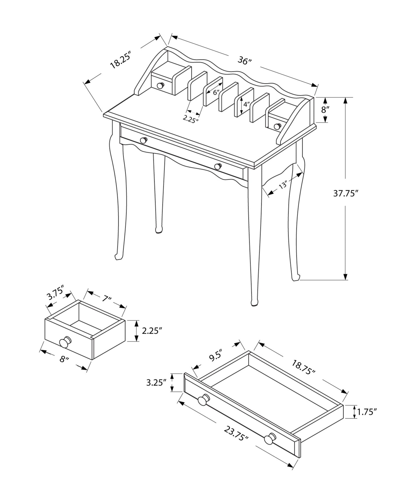 Detailed line drawing of a writing desk with dimensions Key features include drawers and organizers