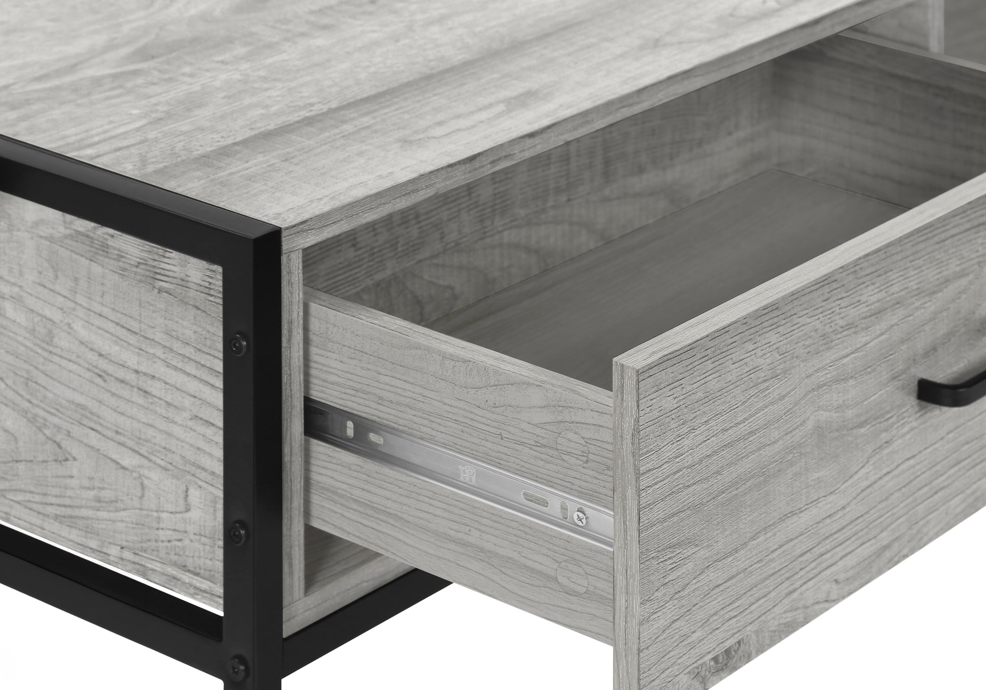 Open gray wood grain drawer with black metal frame details showcasing smooth drawer slides