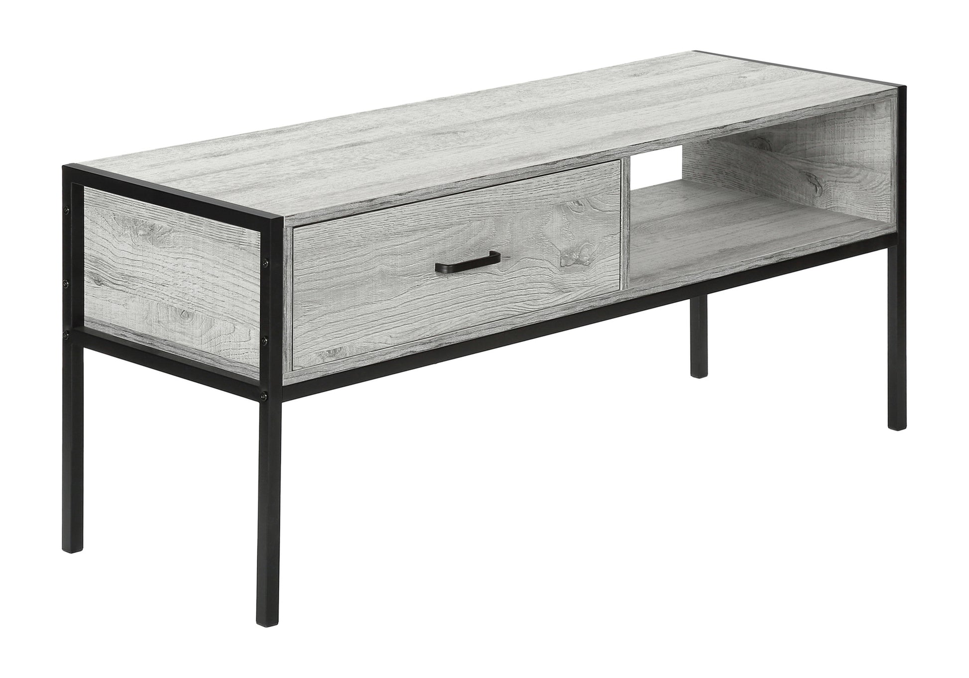 Modern gray wood TV stand with black metal frame and drawer