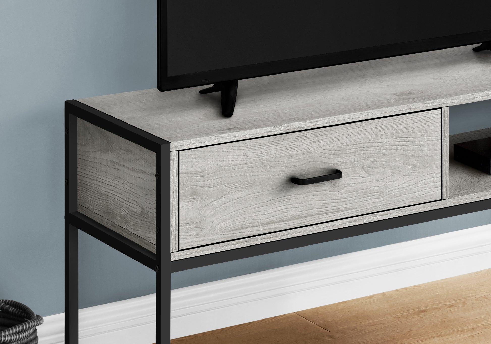 Modern grey wash wood media console with black metal frame one drawer