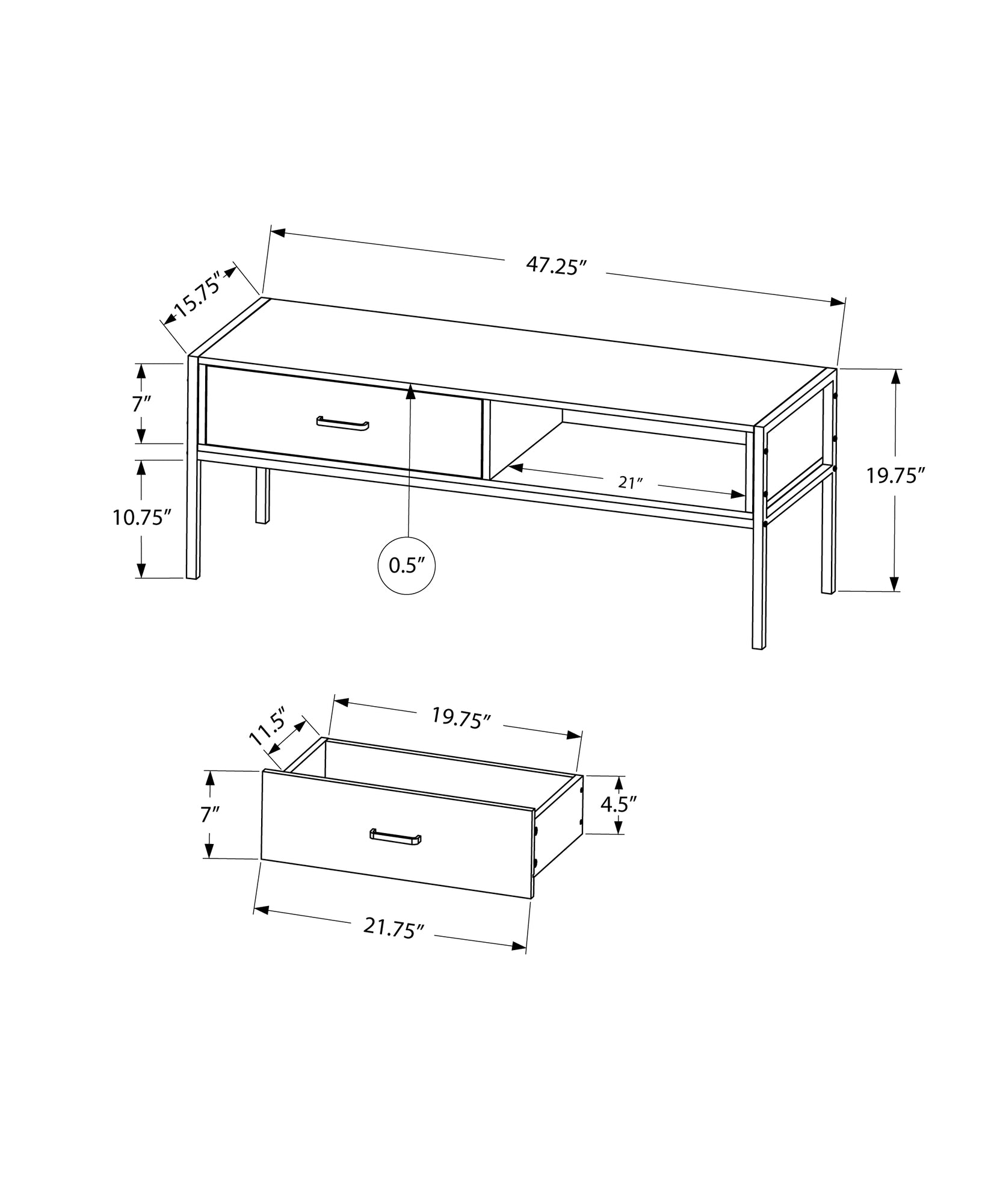 Diagram of a black metal TV stand with two drawers and an open shelf dimensions included