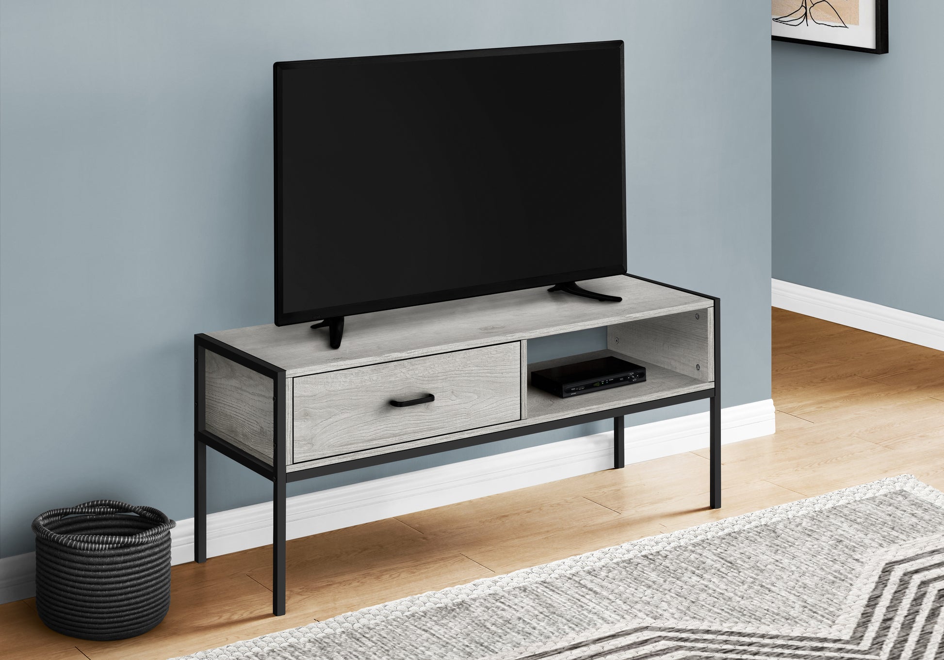 Modern gray wood TV stand with black metal frame and single drawer
