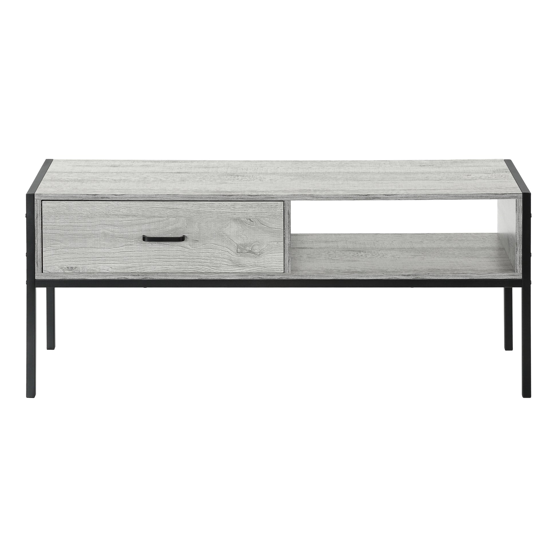 Rustic grey wood tv stand with black metal legs and one drawer