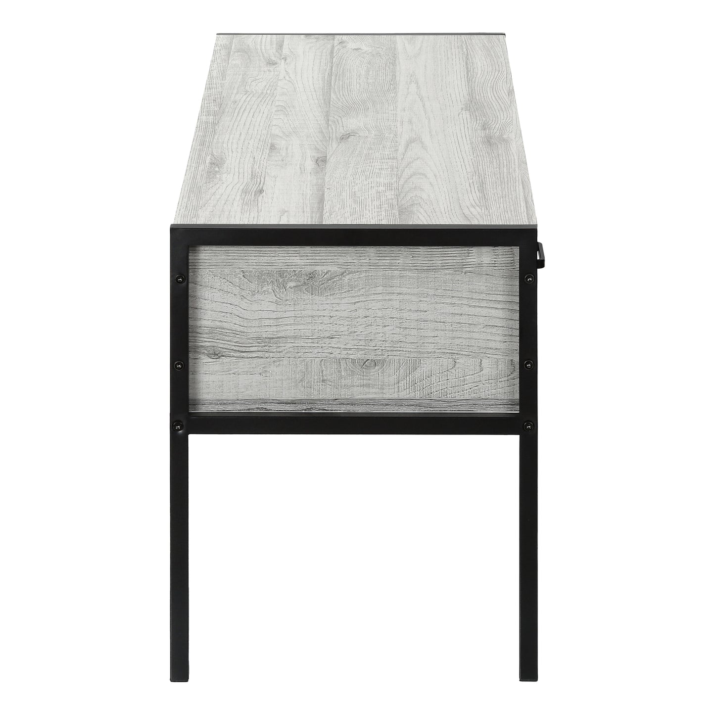 Light gray wood grain media console with black metal frame perfect for modern living rooms