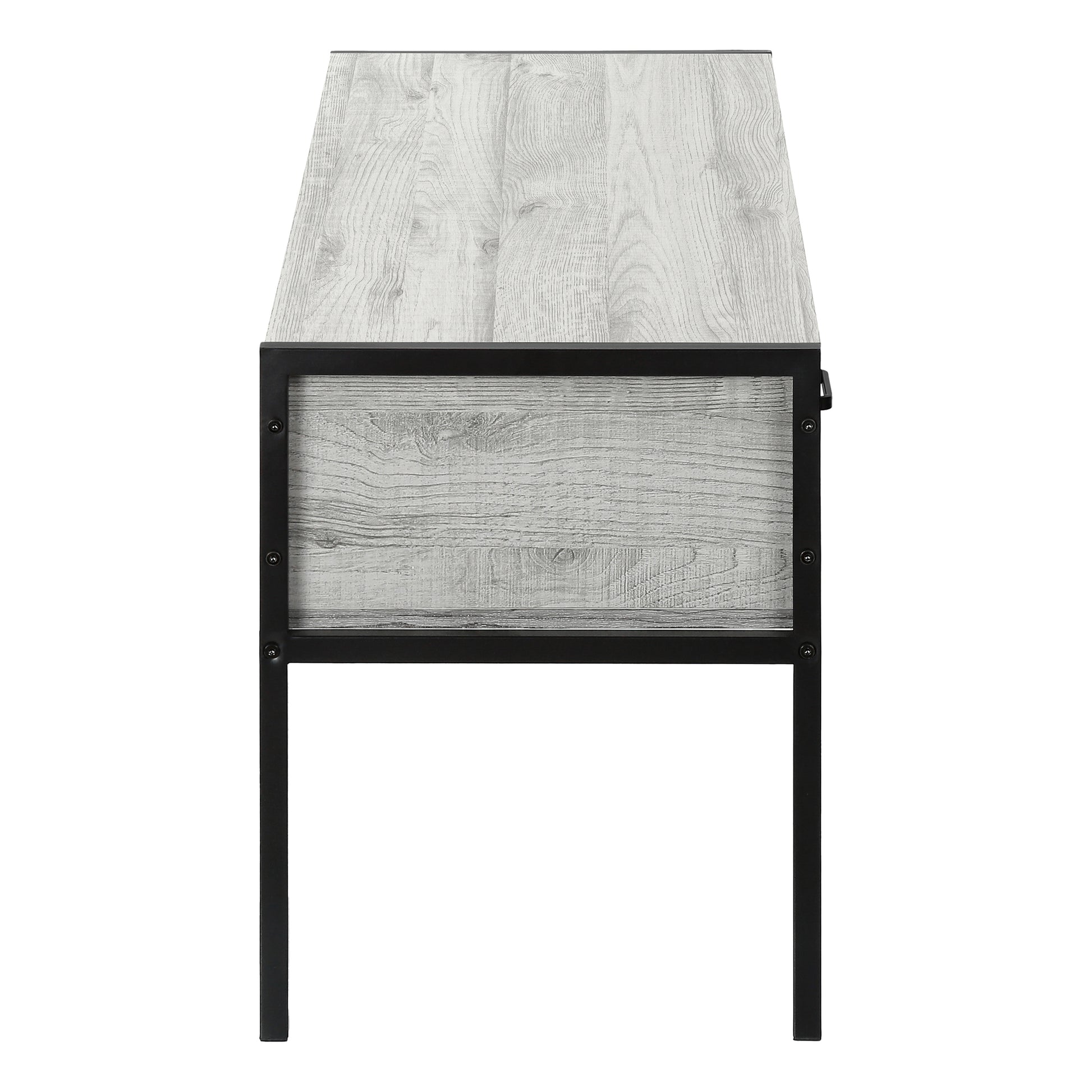 Light gray wood grain media console with black metal frame perfect for modern living rooms