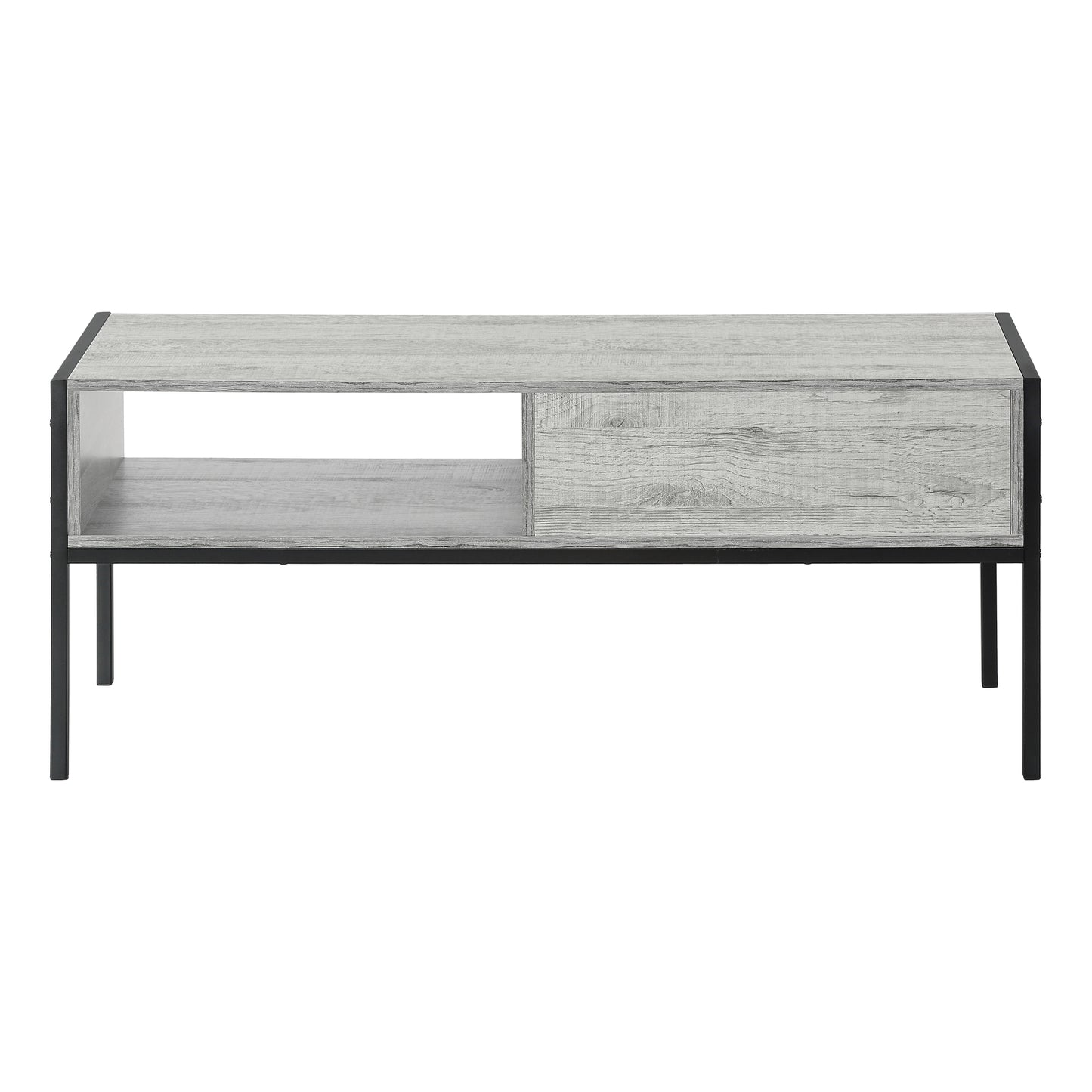 Rustic grey wood coffee table with one drawer and open shelf