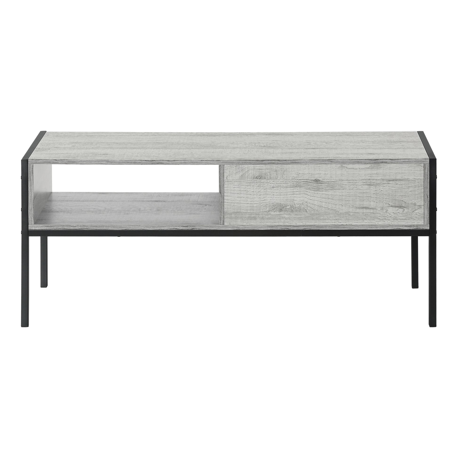Rustic grey wood coffee table with one drawer and open shelf