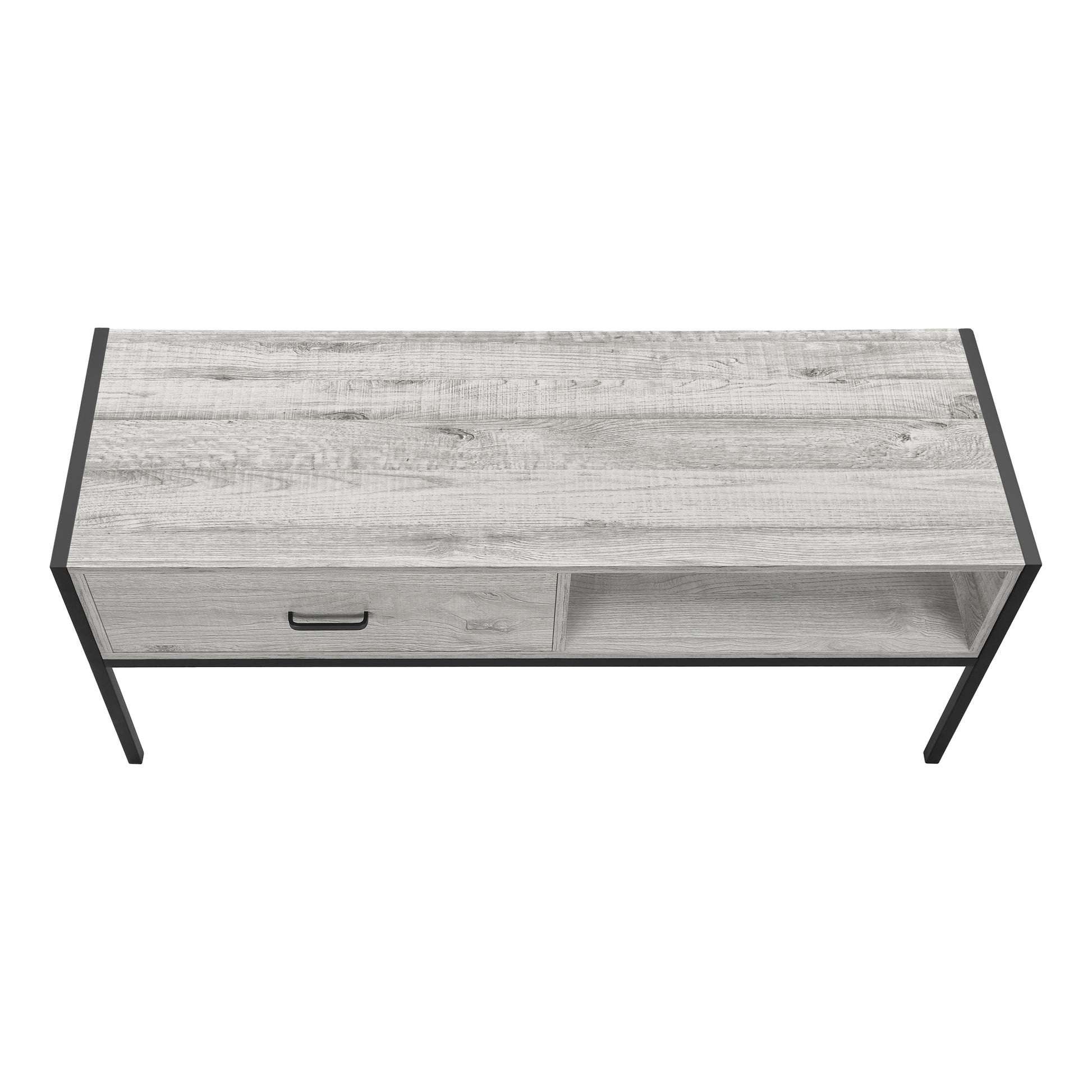 Light gray wood grain coffee table with black metal frame featuring one drawer and one open shelf