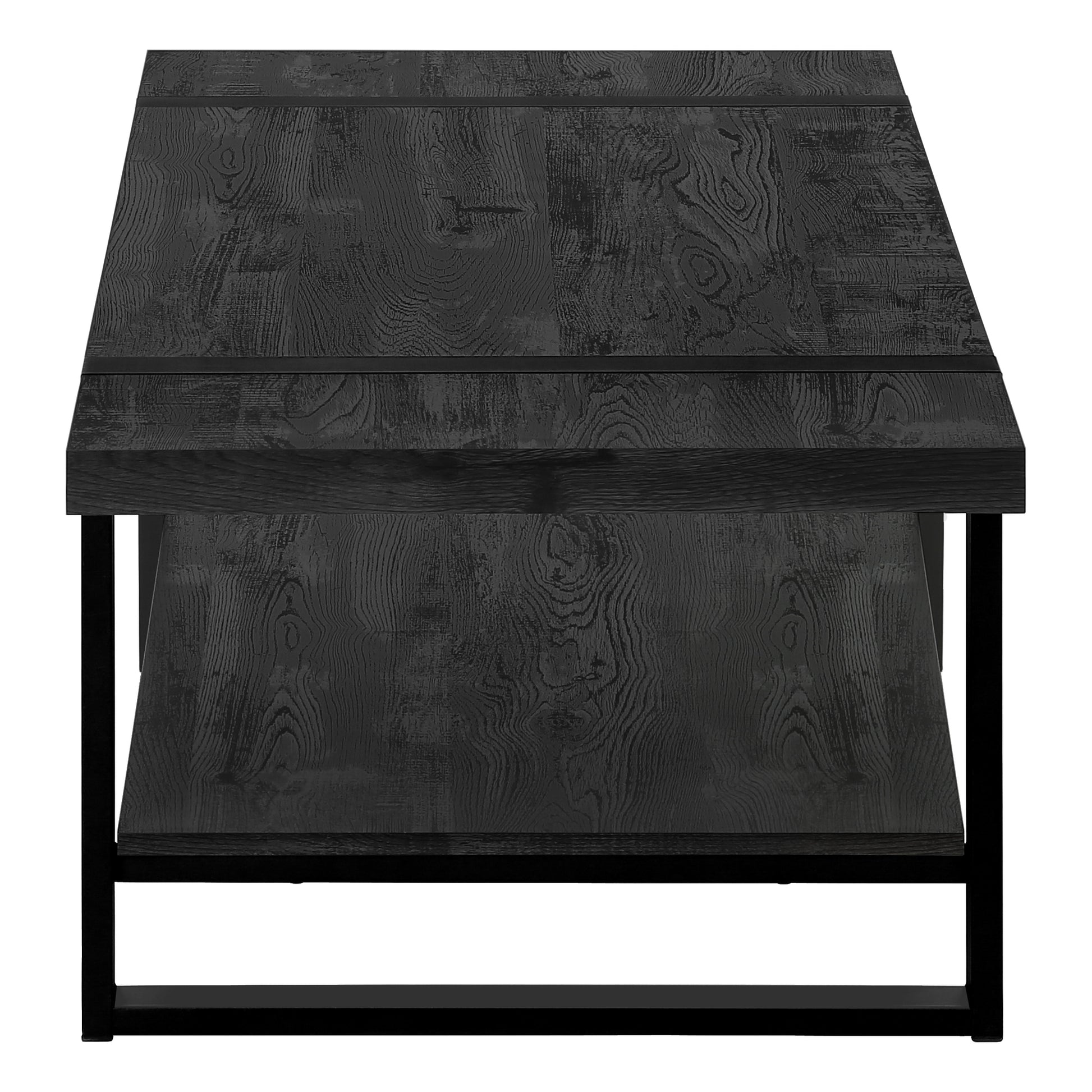 Modern black oak coffee table with industrial metal frame featuring a textured wood grain finish