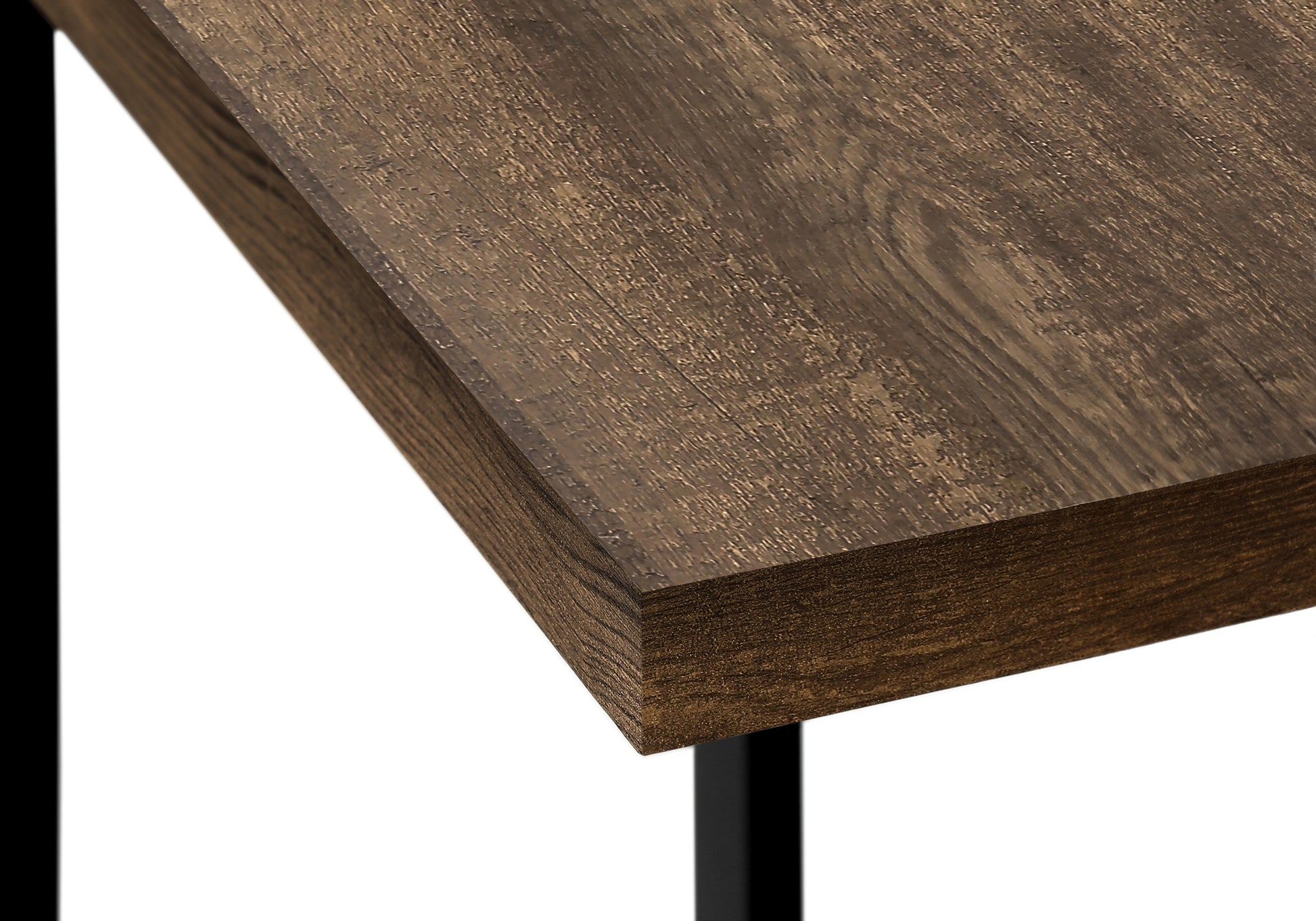 Rustic brown wood grain tabletop with black metal leg ideal for office desks
