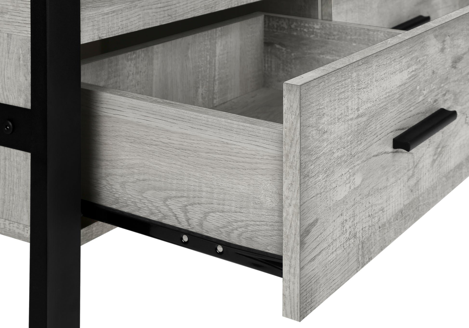 Weathered grey wood dresser drawer with black handle and metal drawer slides