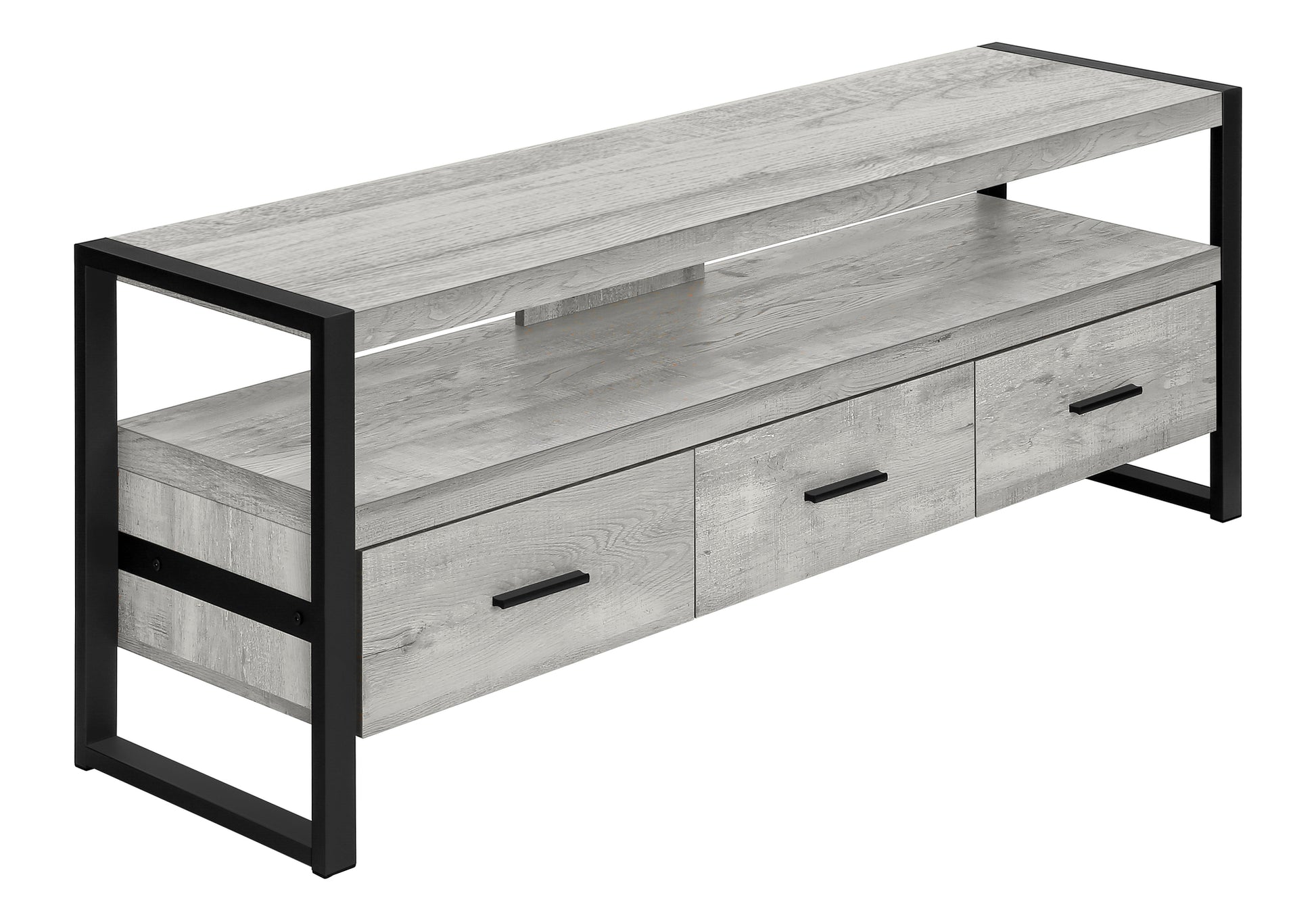 Rustic grey wood TV stand with black metal frame and three drawers