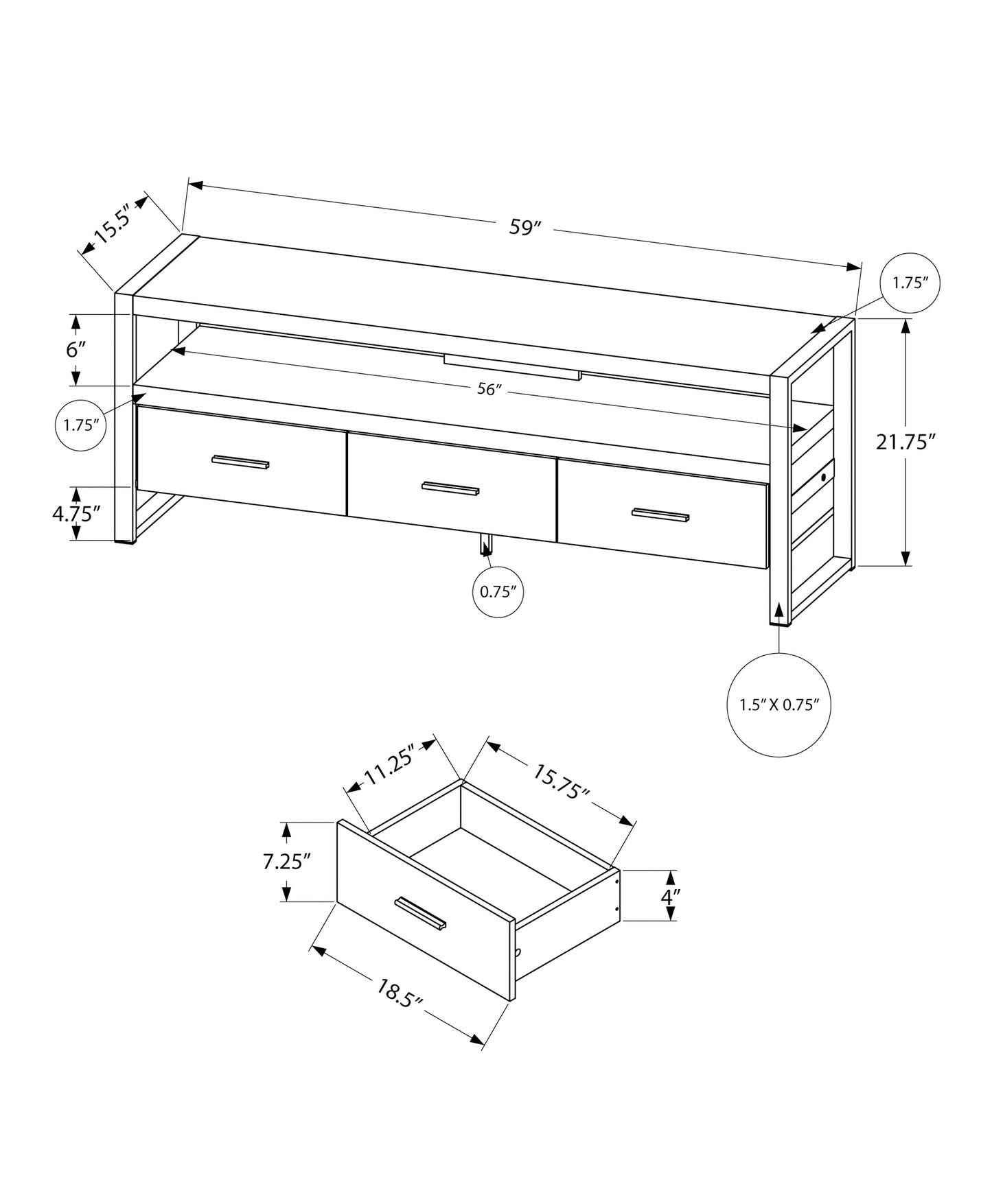 Line drawing of a modern TV stand with dimensions W x D x H featuring three drawers