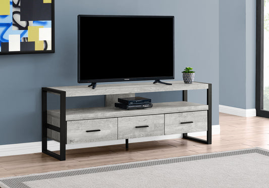 Grey wash wood TV stand with black metal frame and three drawers
