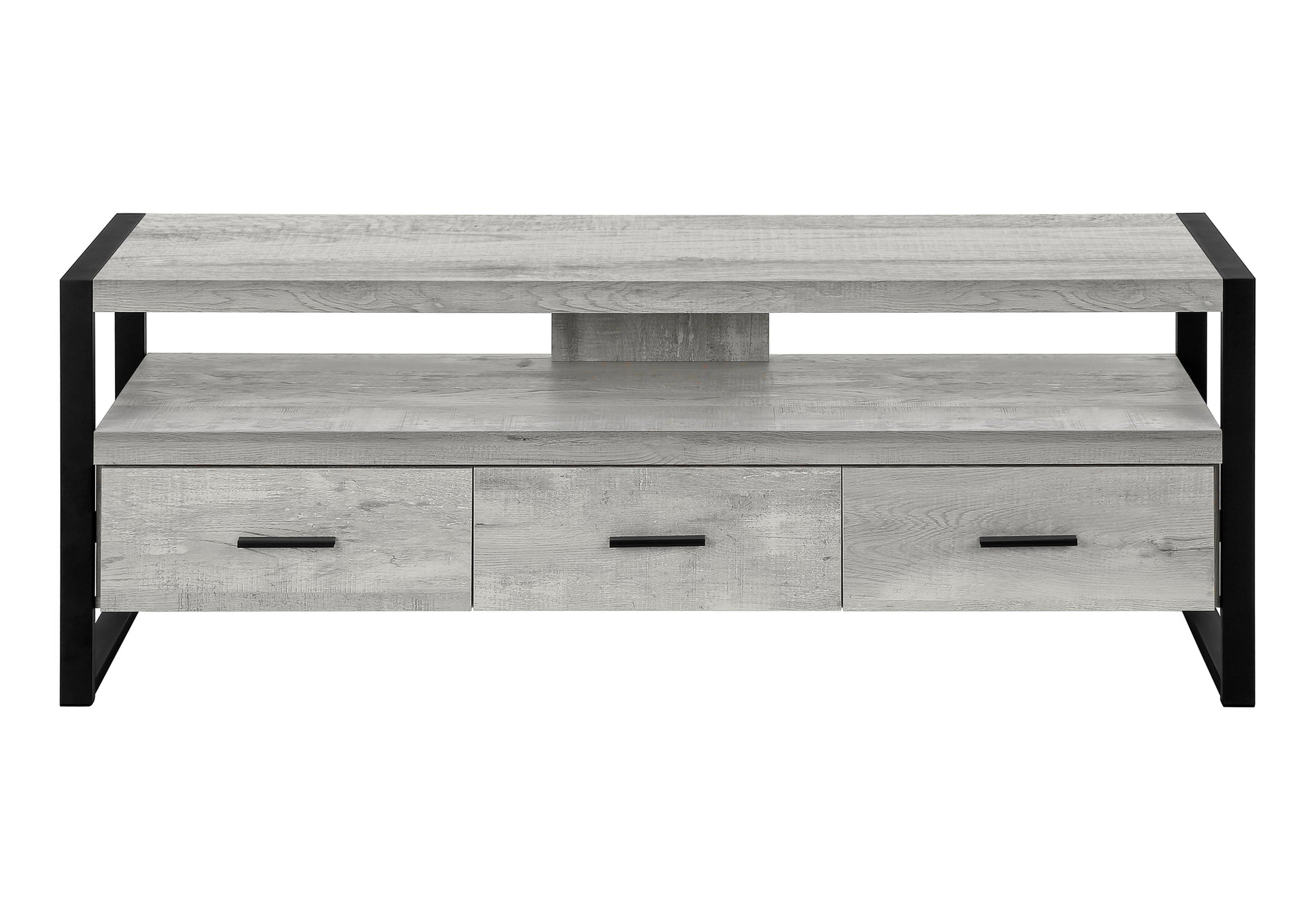 Modern gray wood TV stand with three drawers and black metal frame