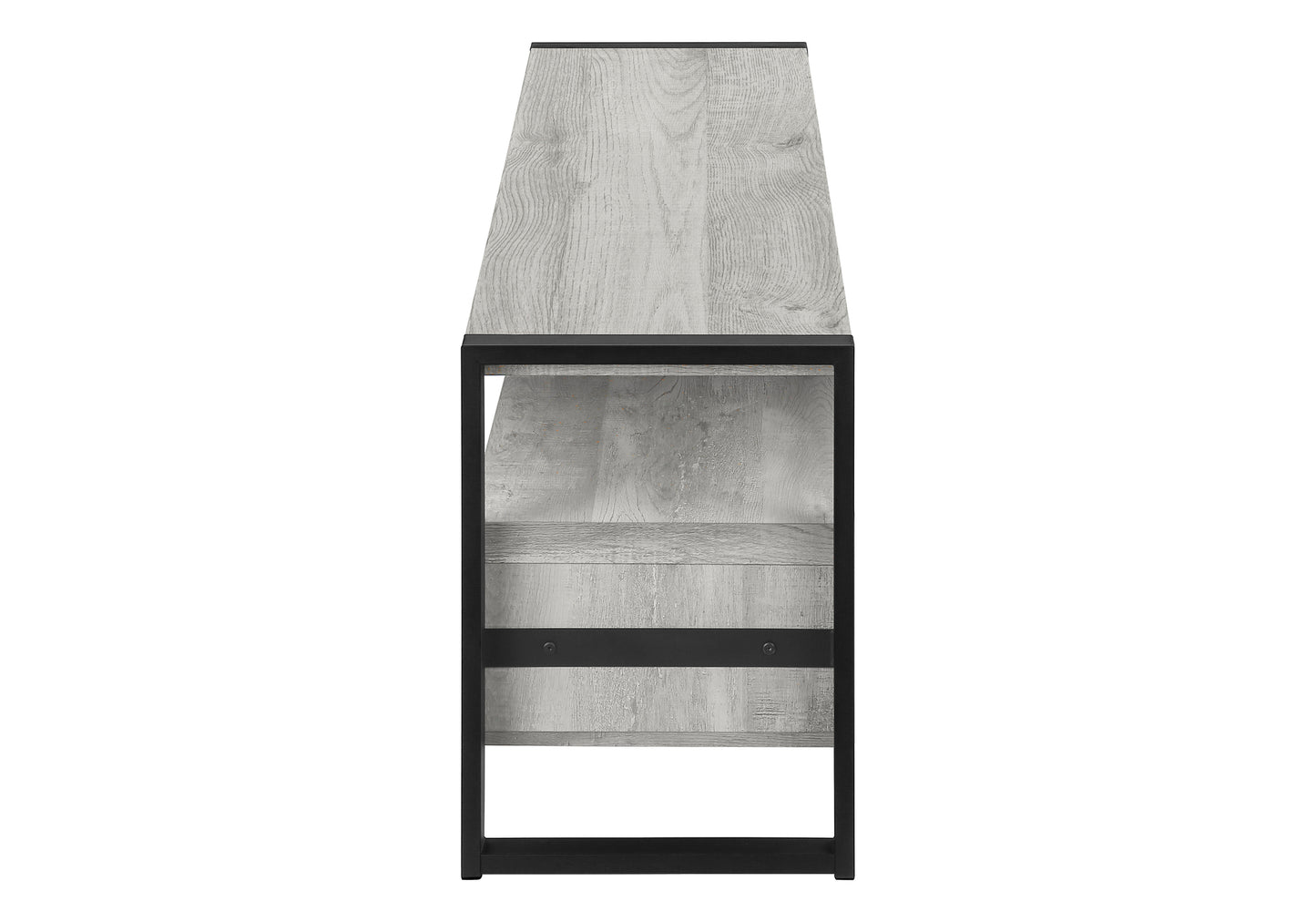 Rustic grey wood console table with black metal frame and open shelves