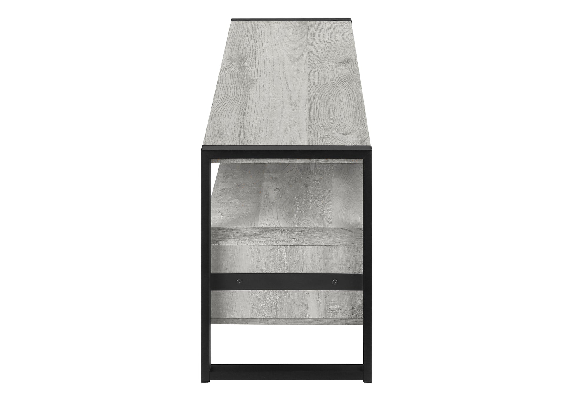 Rustic grey wood console table with black metal frame and open shelves