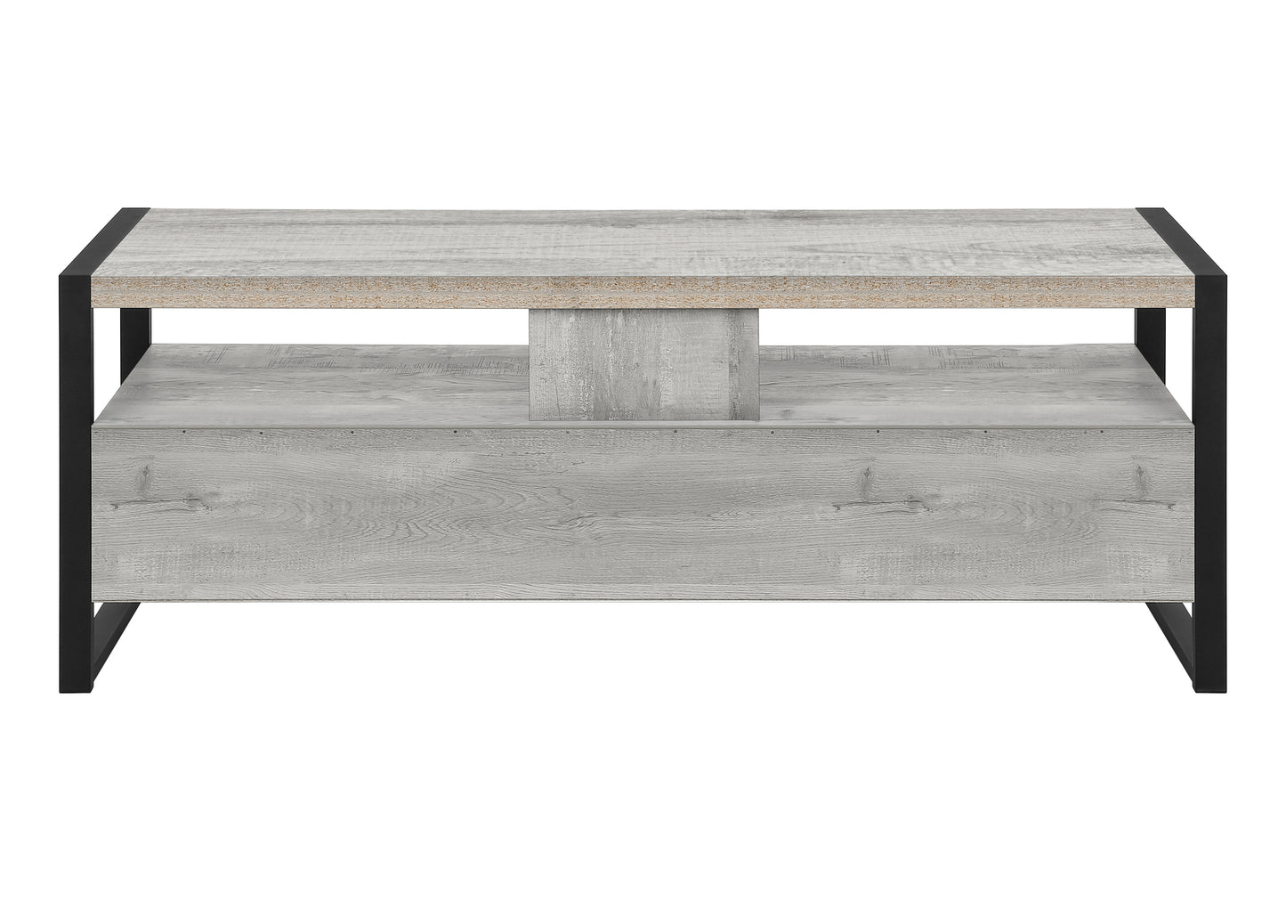 Modern gray wash wood coffee table with black metal frame open shelf below