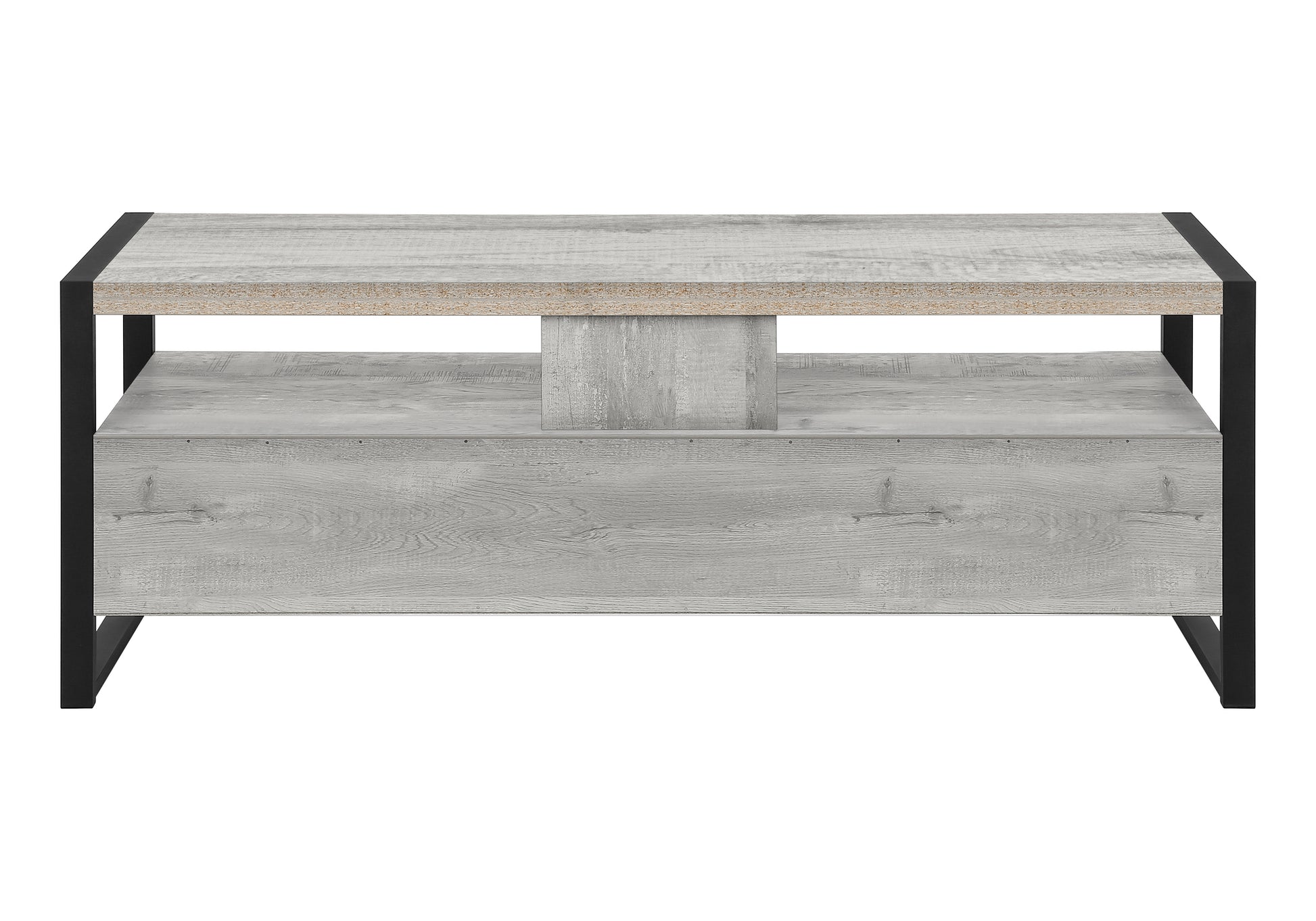 Modern gray wash wood coffee table with black metal frame open shelf below