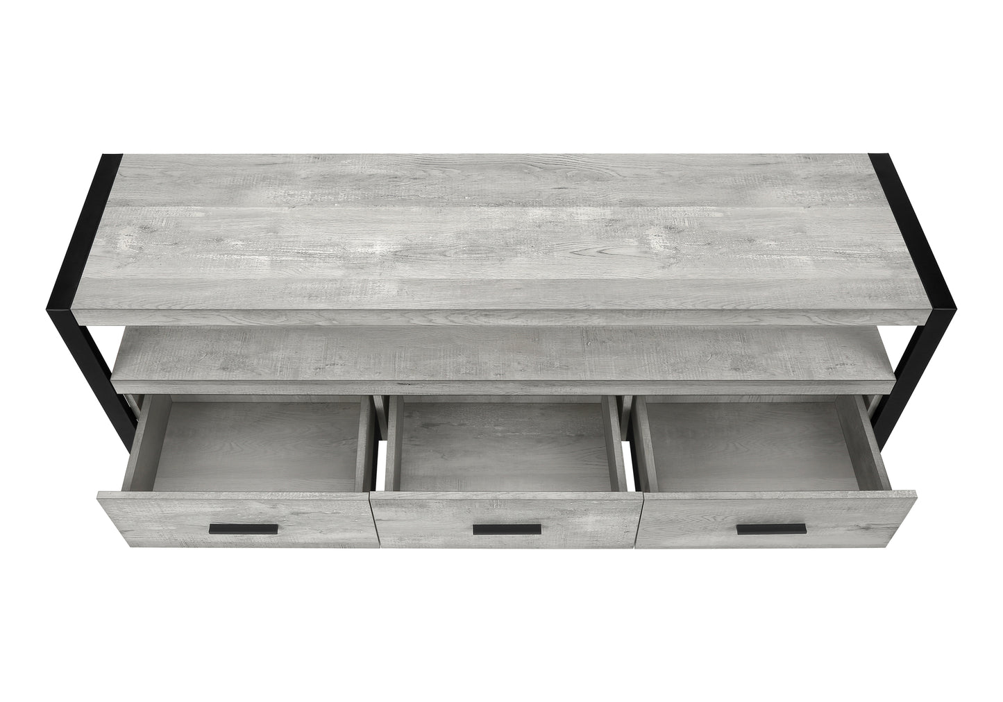 Grey wood console table with three open drawers and black metal frame