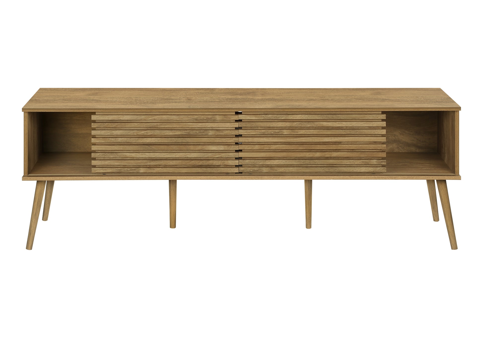 Midcentury modern oak media console with slatted drawer fronts and tapered legs