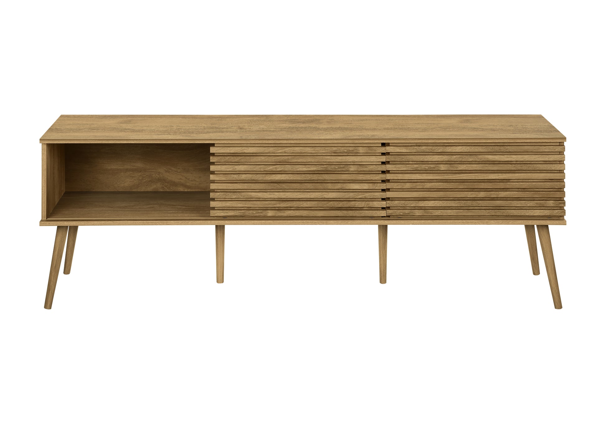 Midcentury modern wood media console with slatted sliding doors and open shelving