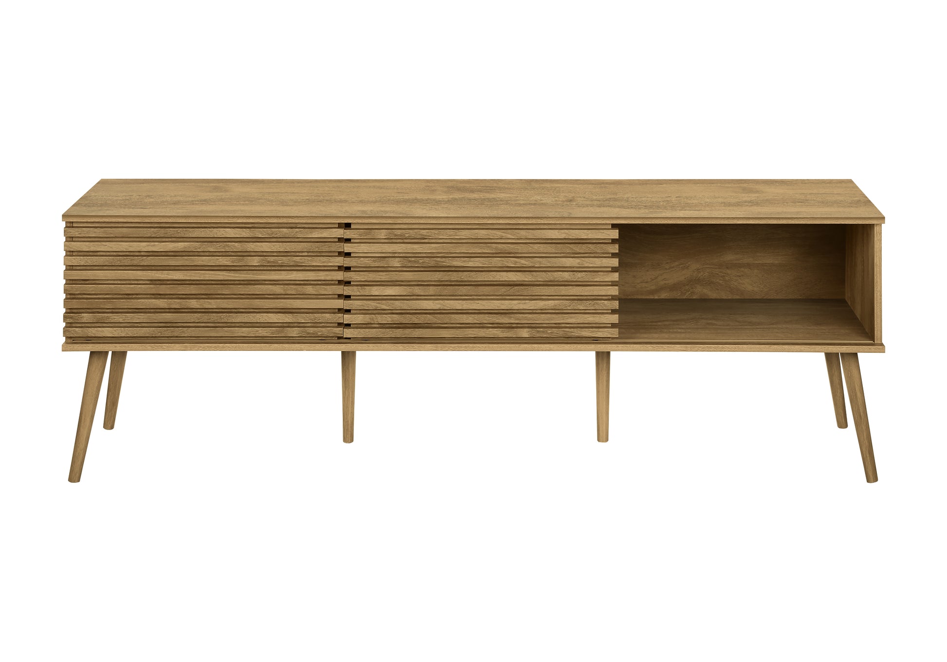 Midcentury modern light oak media console with slatted drawer front