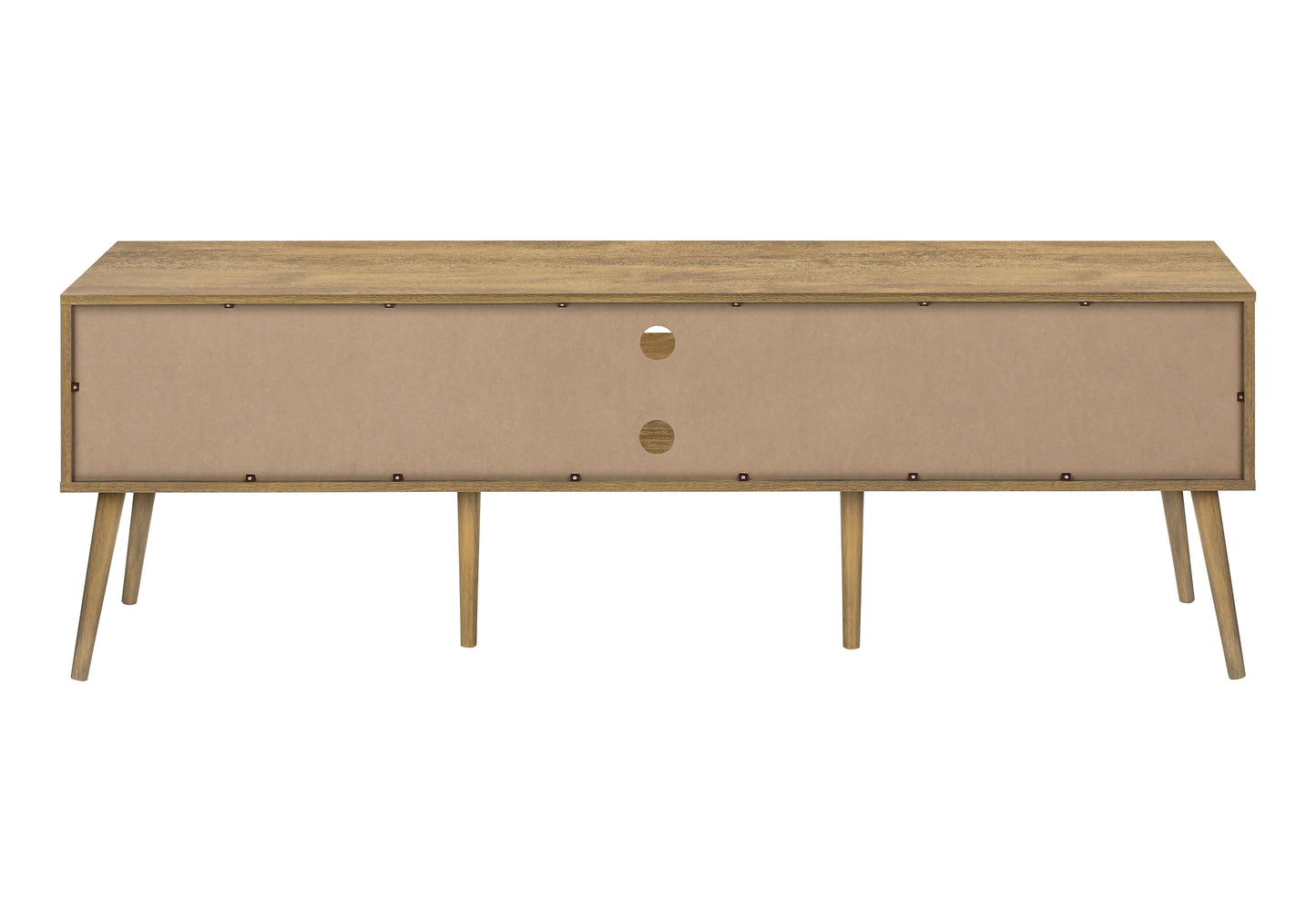 Midcentury modern TV stand in light oak finish with angled legs and cable management holes