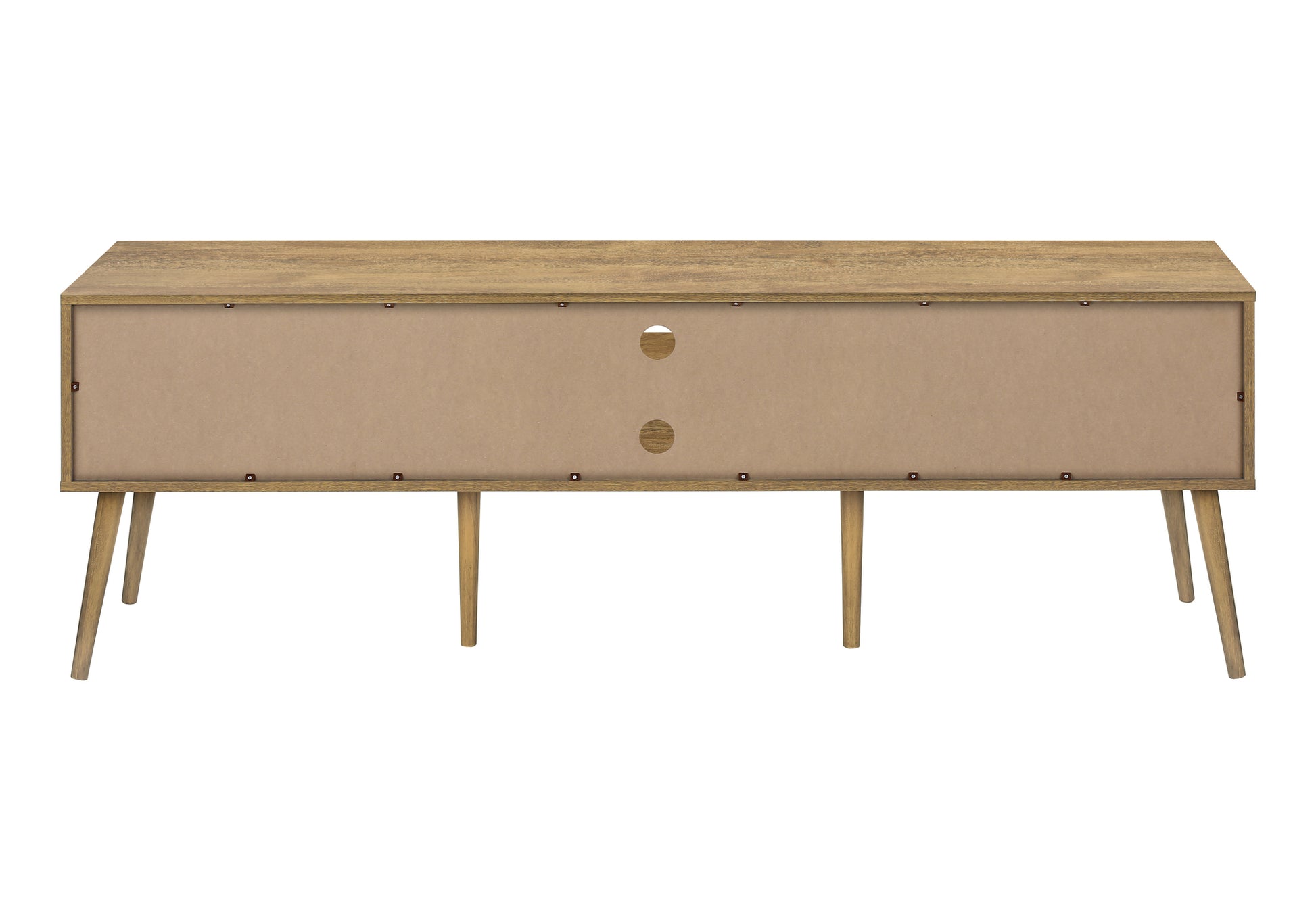 Midcentury modern TV stand in light oak finish with angled legs and cable management holes