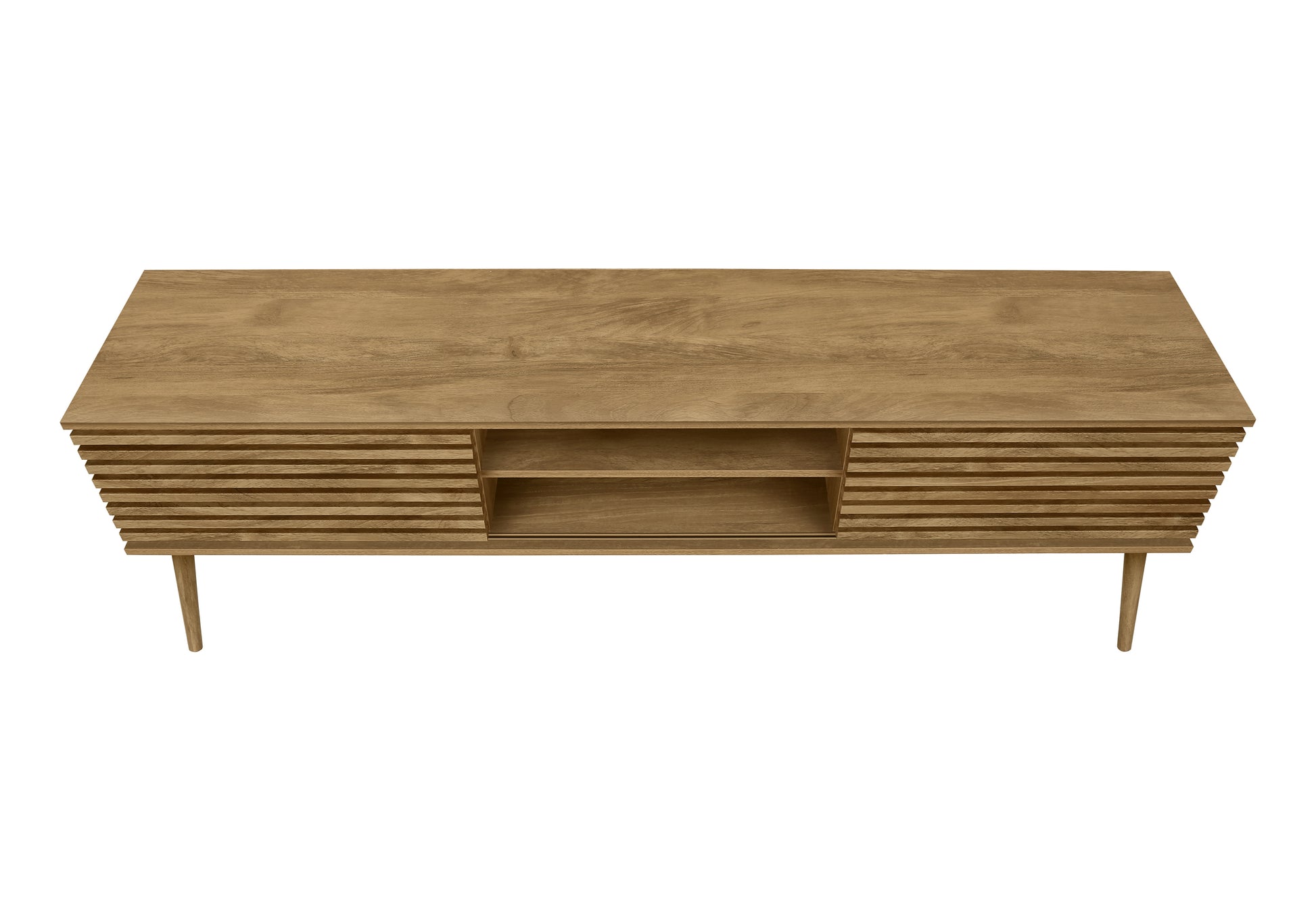 Midcentury modern oak wood media console with slatted doors and open shelving