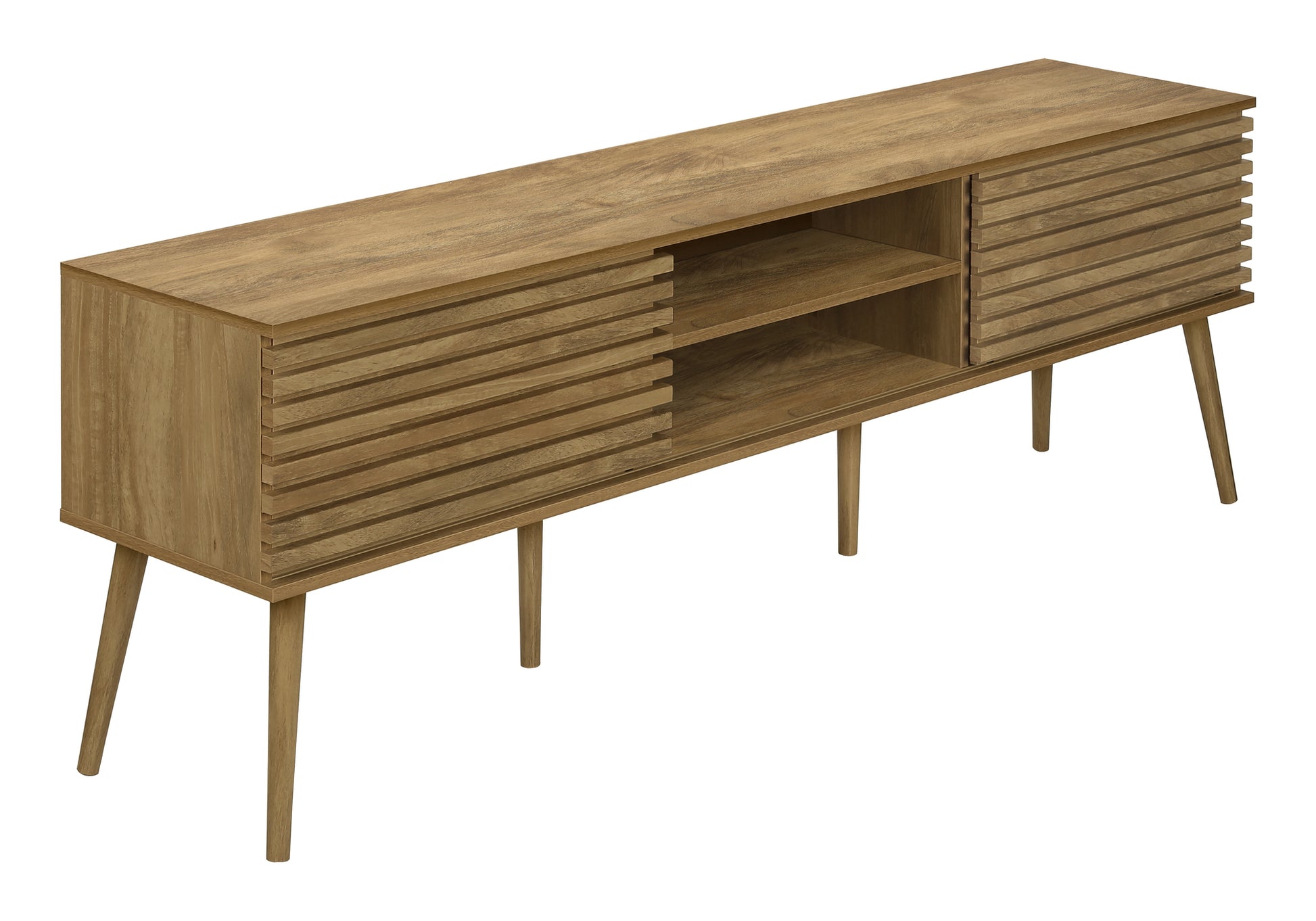 Wooden media console with slatted doors and open shelving