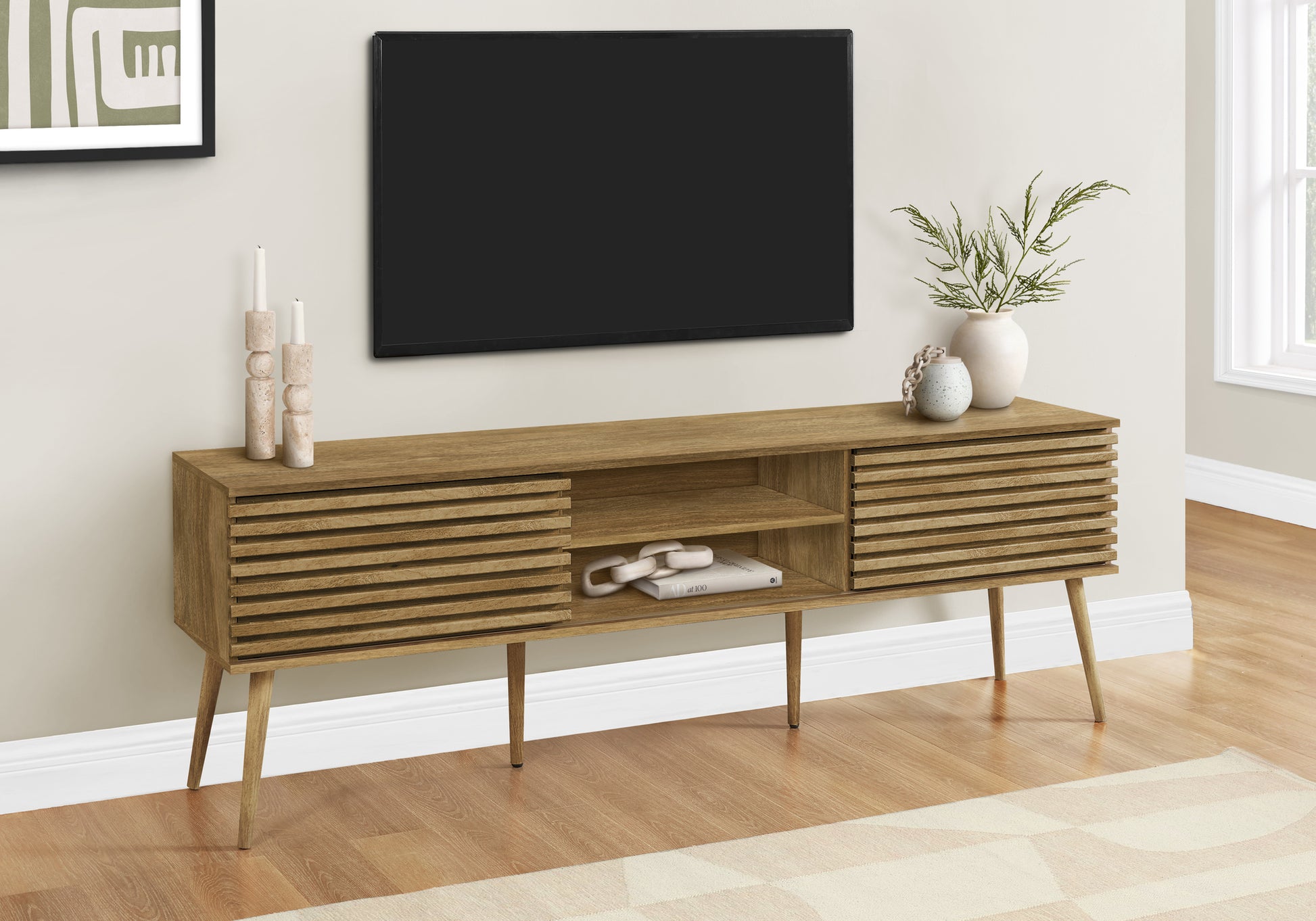 Modern slatted wood media console with tapered legs inch wide