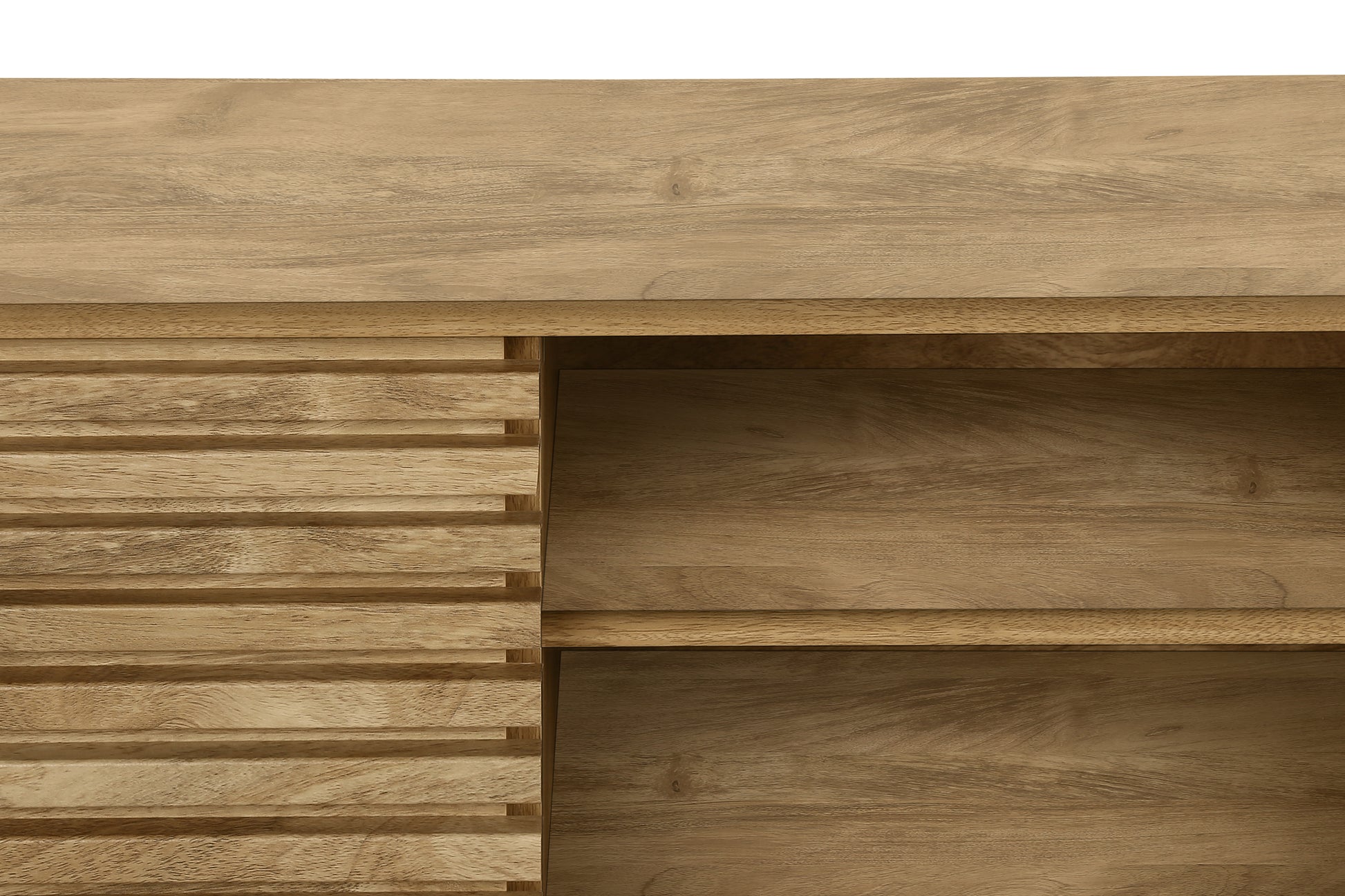 Modern light oak wood shelving unit with horizontal slat detail