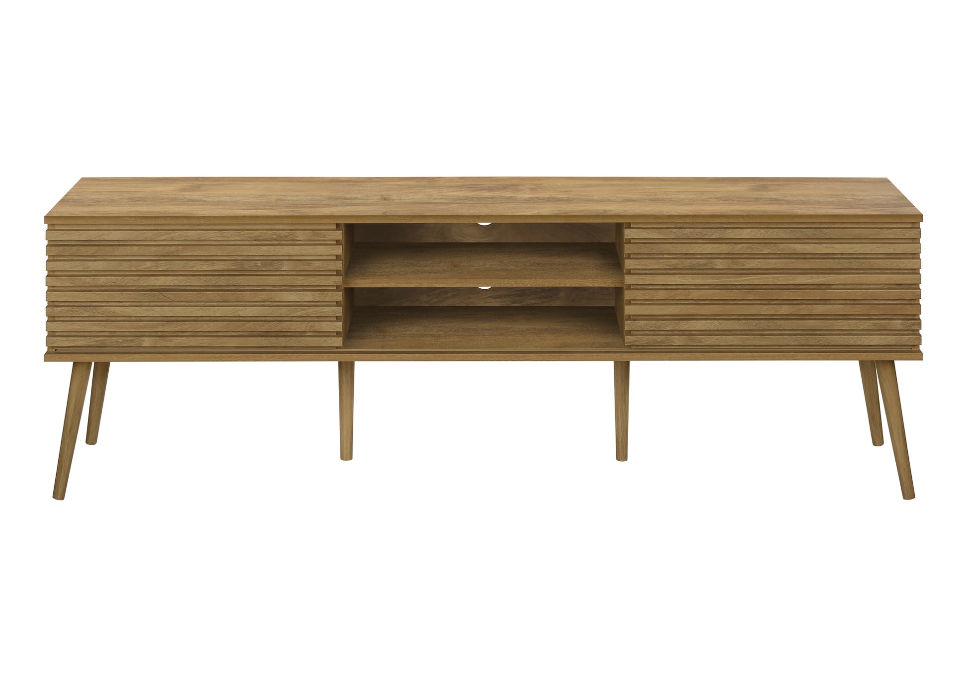 Midcentury modern oak TV stand with slatted doors and open shelving