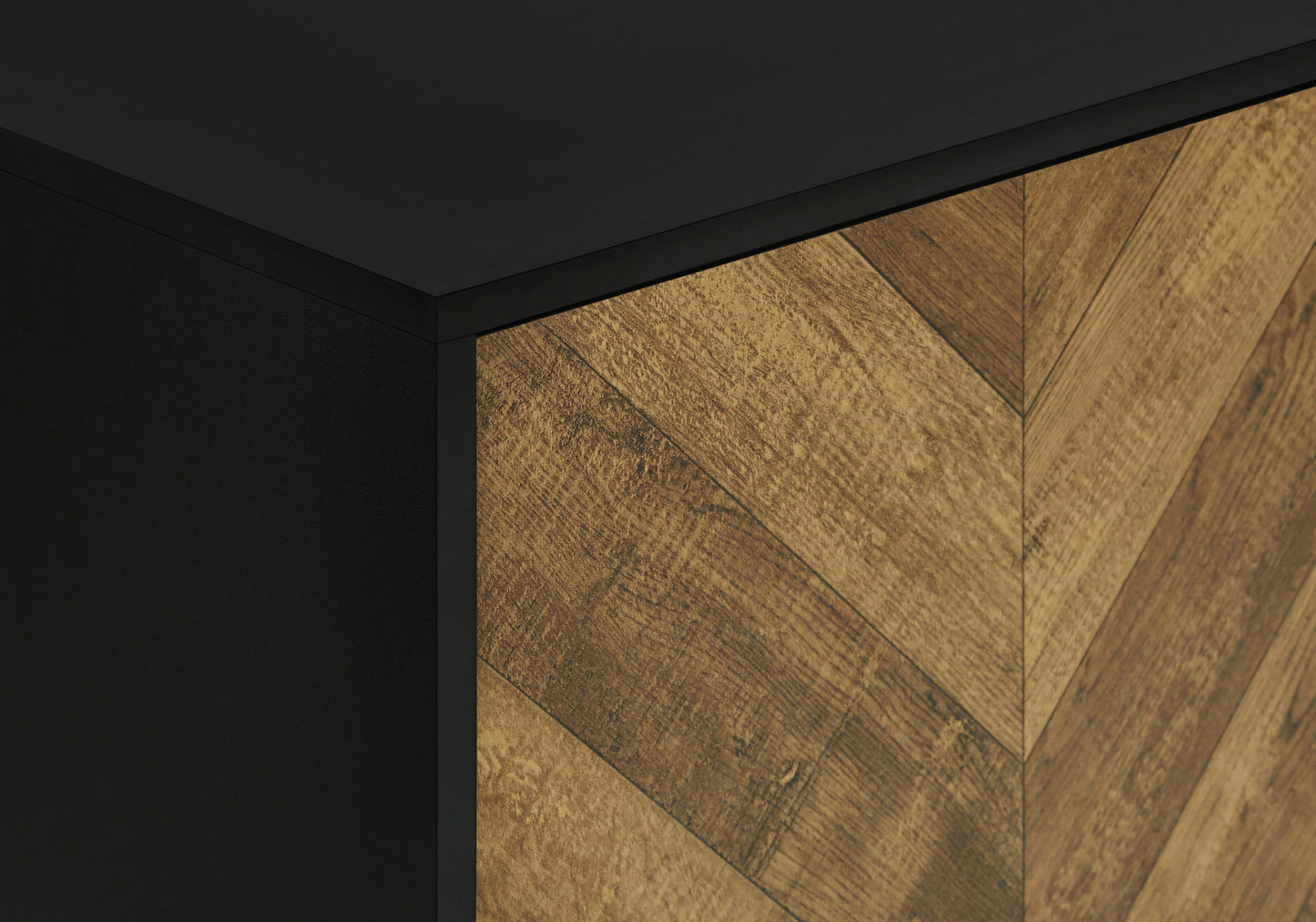 Textured black cabinet corner meets rustic wood herringbone pattern detail