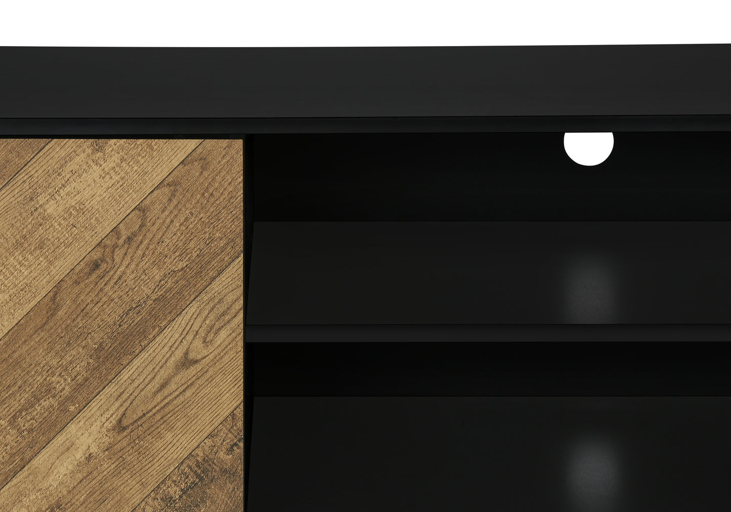 Black media console with chevron wood grain sliding door and open shelves