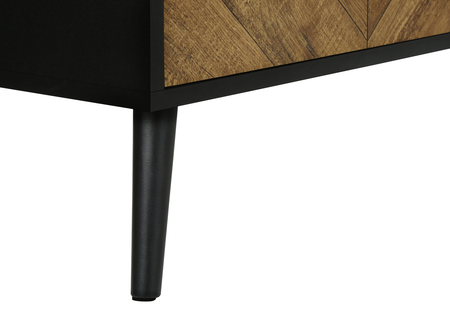 Black tapered leg on a modern wooden cabinet with herringbone pattern detail