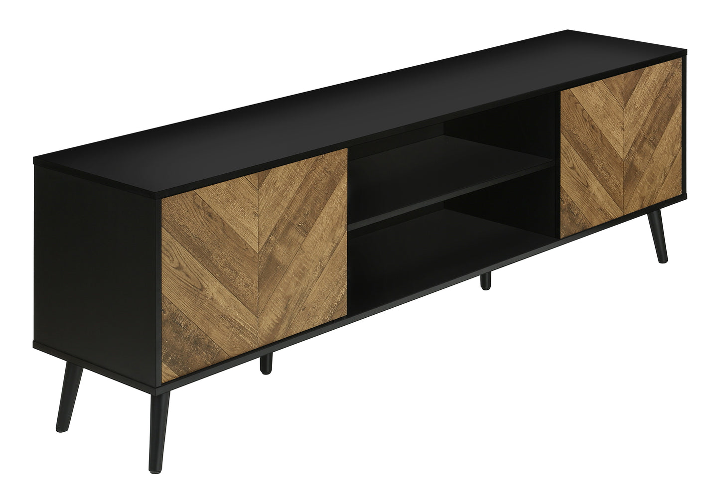Black media console with natural wood chevron doors and two open shelves Modern TV stand on tapered legs