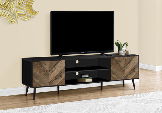Black media console with rustic wood chevron doors and modern legs