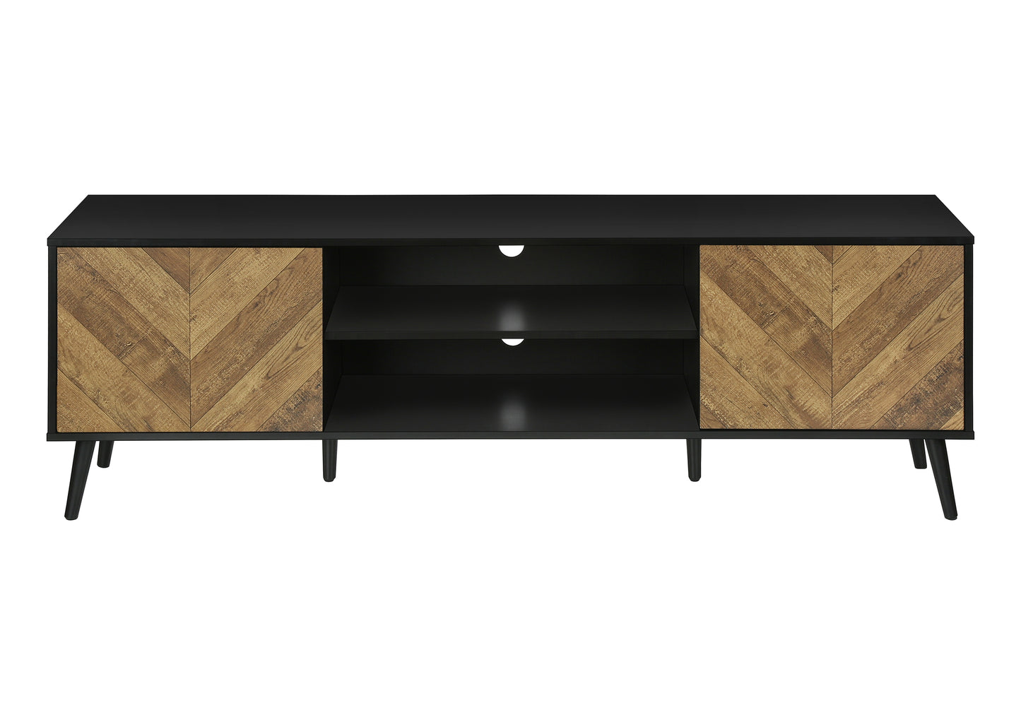 Black and wood herringbone tv stand with two shelves for media devices