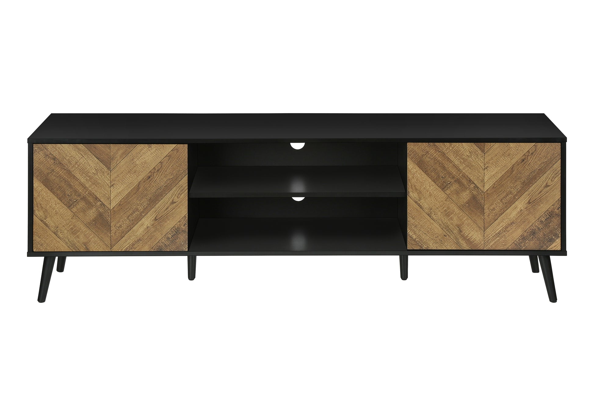 Black and wood herringbone tv stand with two shelves for media devices