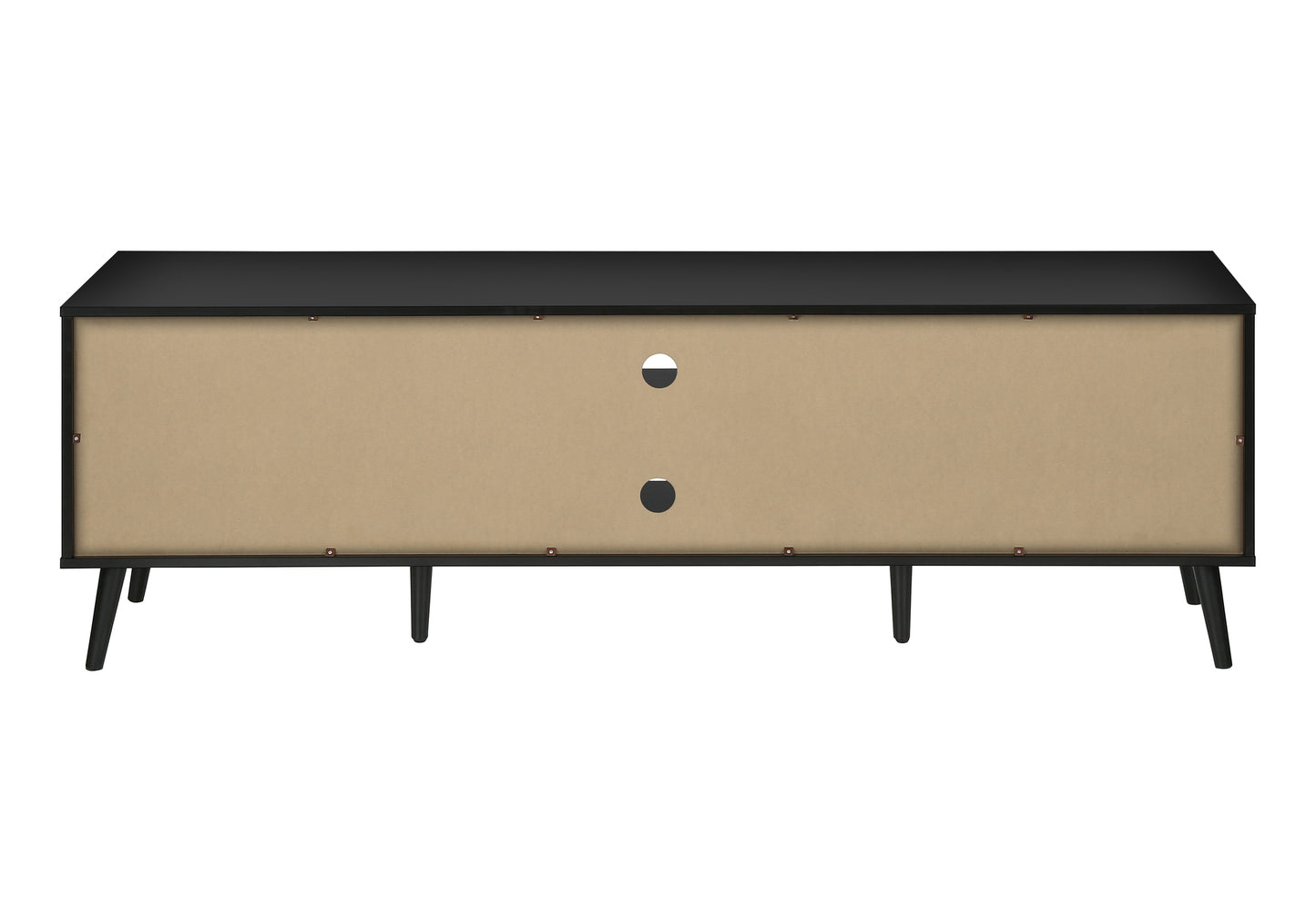 Black modern TV stand with angled legs and cable management holes