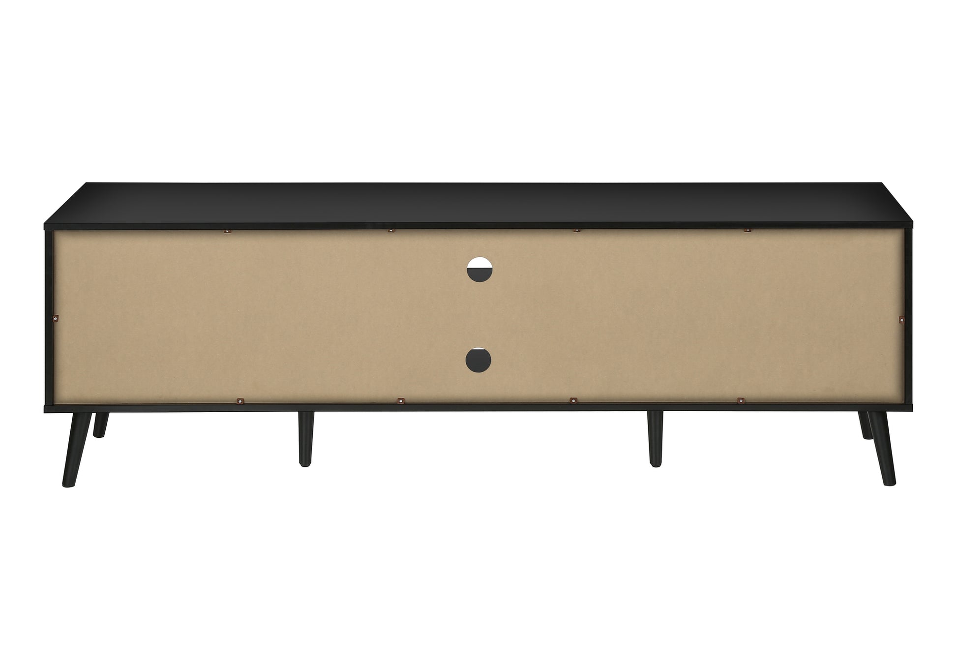 Black modern TV stand with angled legs and cable management holes