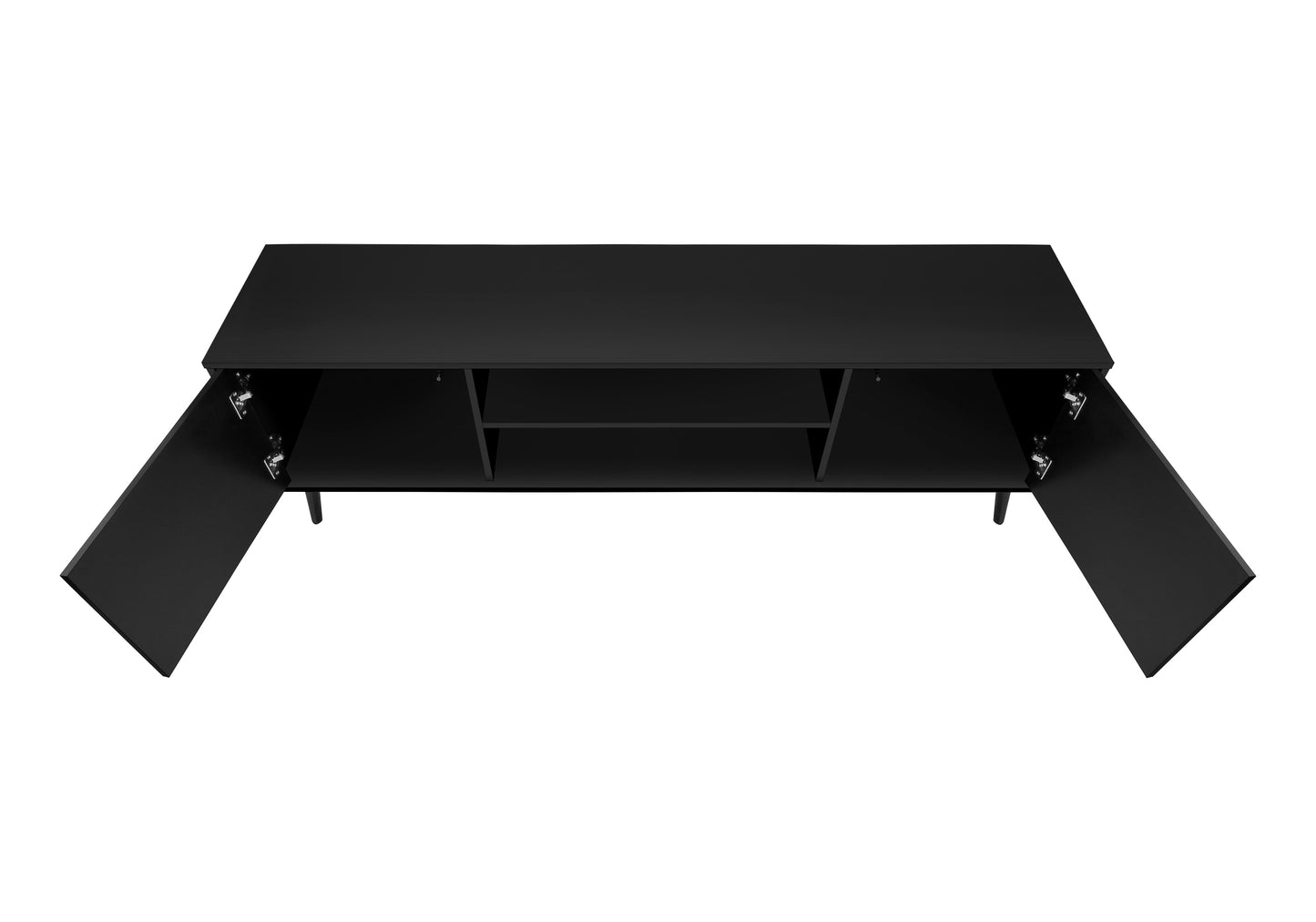 Sleek black media console with open doors and central shelves for media storage