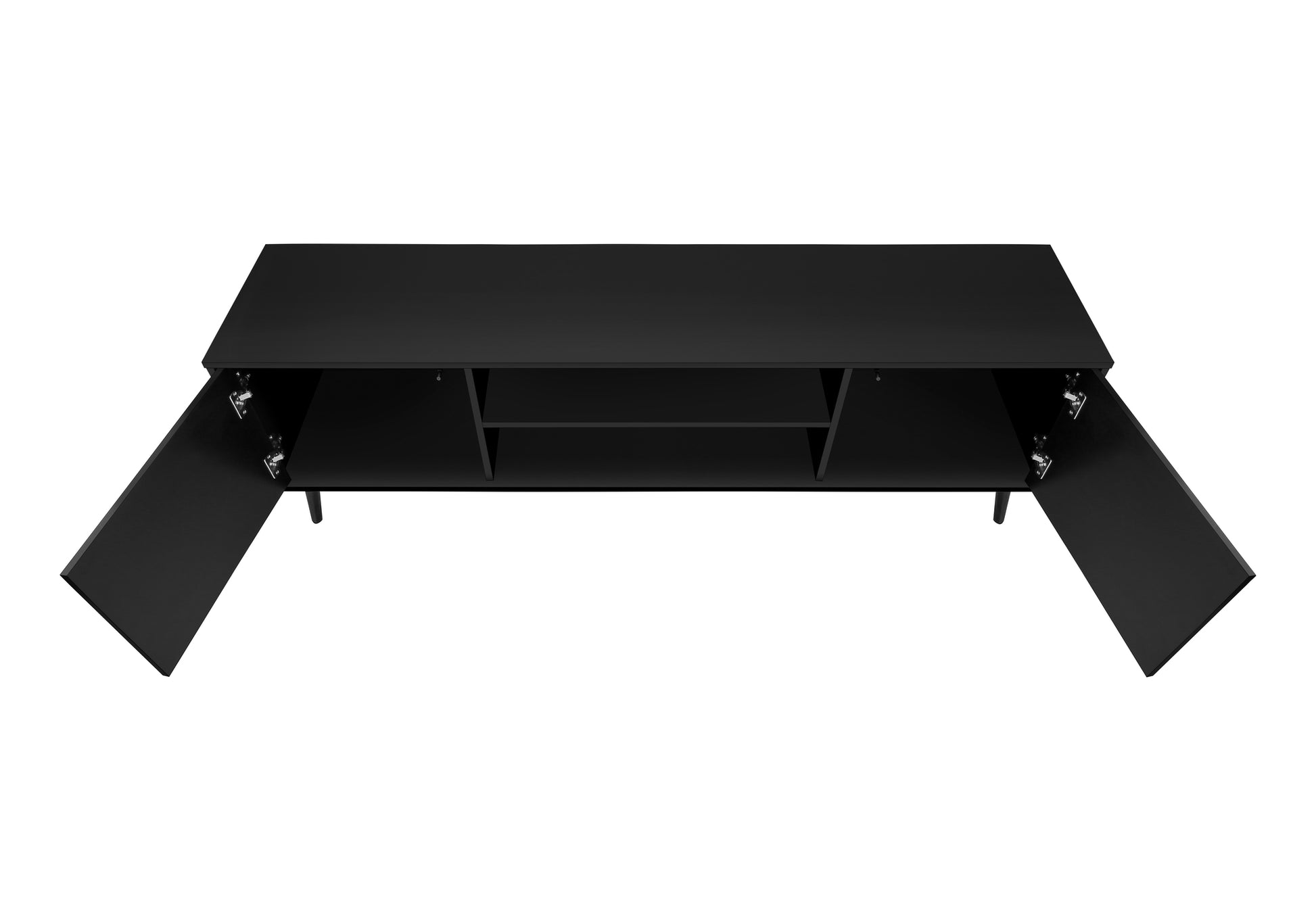 Sleek black media console with open doors and central shelves for media storage
